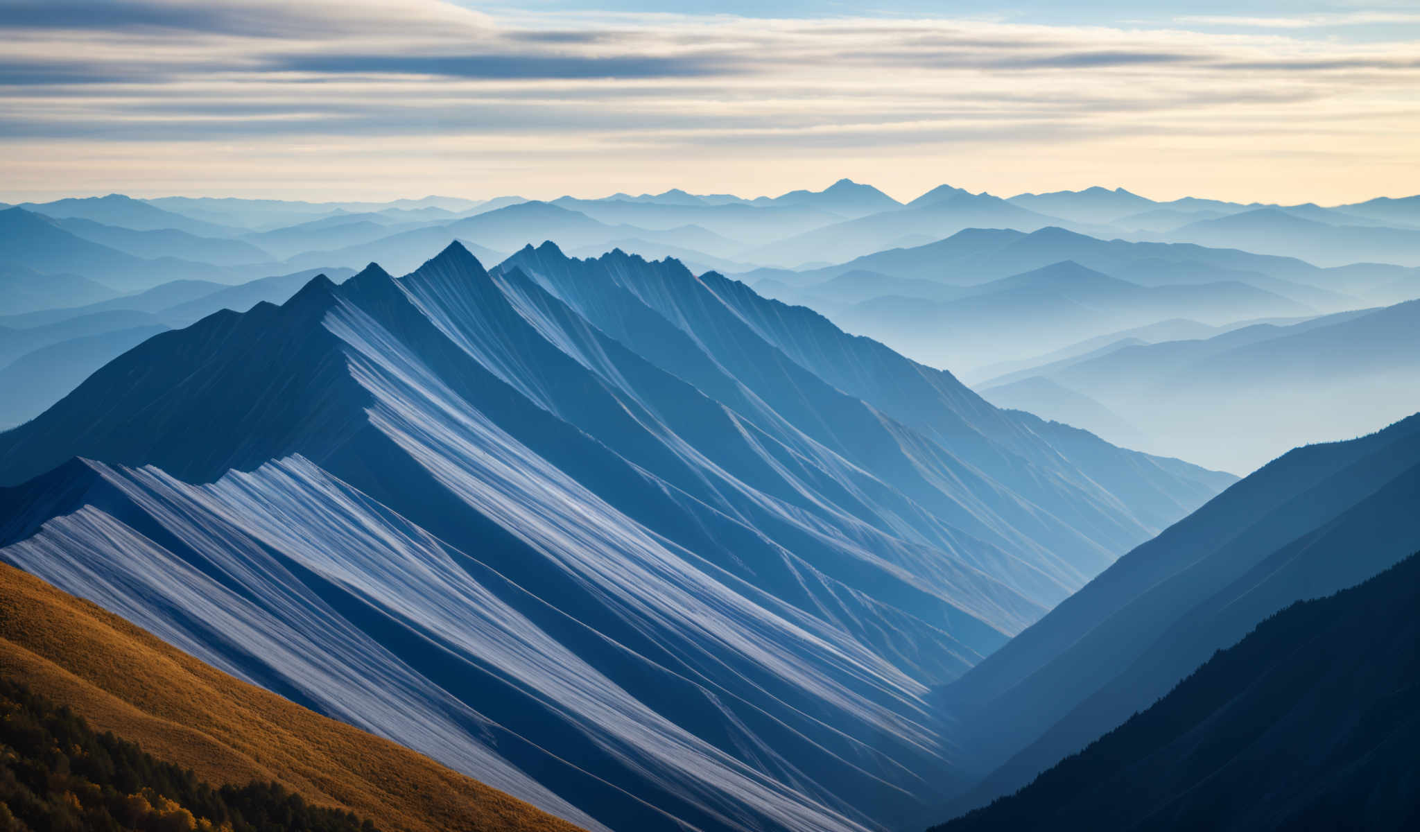 A breathtaking view of a mountain range with peaks and valleys. The mountains are covered in a blanket of snow and the sky is a clear blue with a few clouds scattered across it. The image is taken from a high vantage point giving a panoramic view of the landscape. The colors in the image are vibrant with the white of the snow contrasting against the blue of the sky and the green of the mountains. The perspective of the photo is from above looking down on the mountains which adds a sense of grandeur to the scene. The photo captures the majesty and beauty of nature in its raw form.