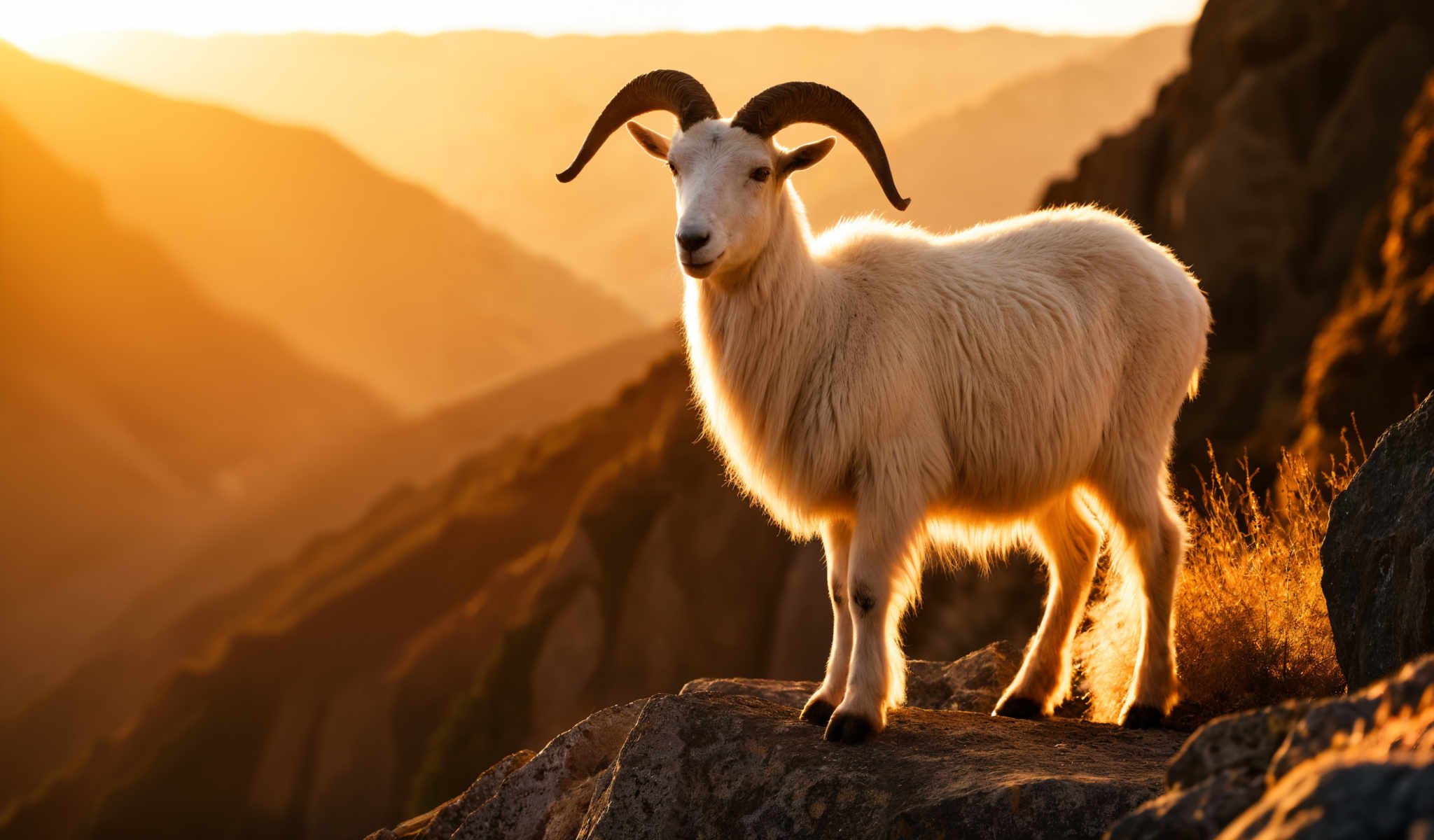 A goat with large horns stands on a rock.