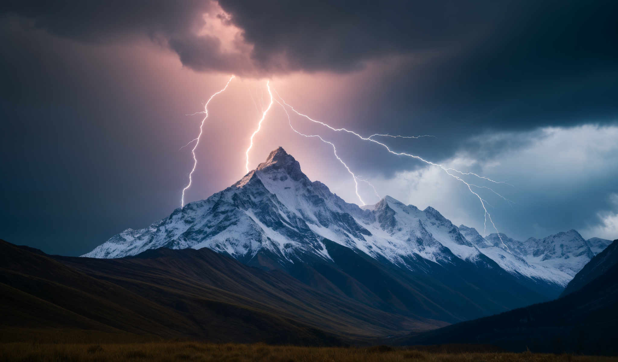 A mountain range with a large peak and a stormy sky with lightning bolts.