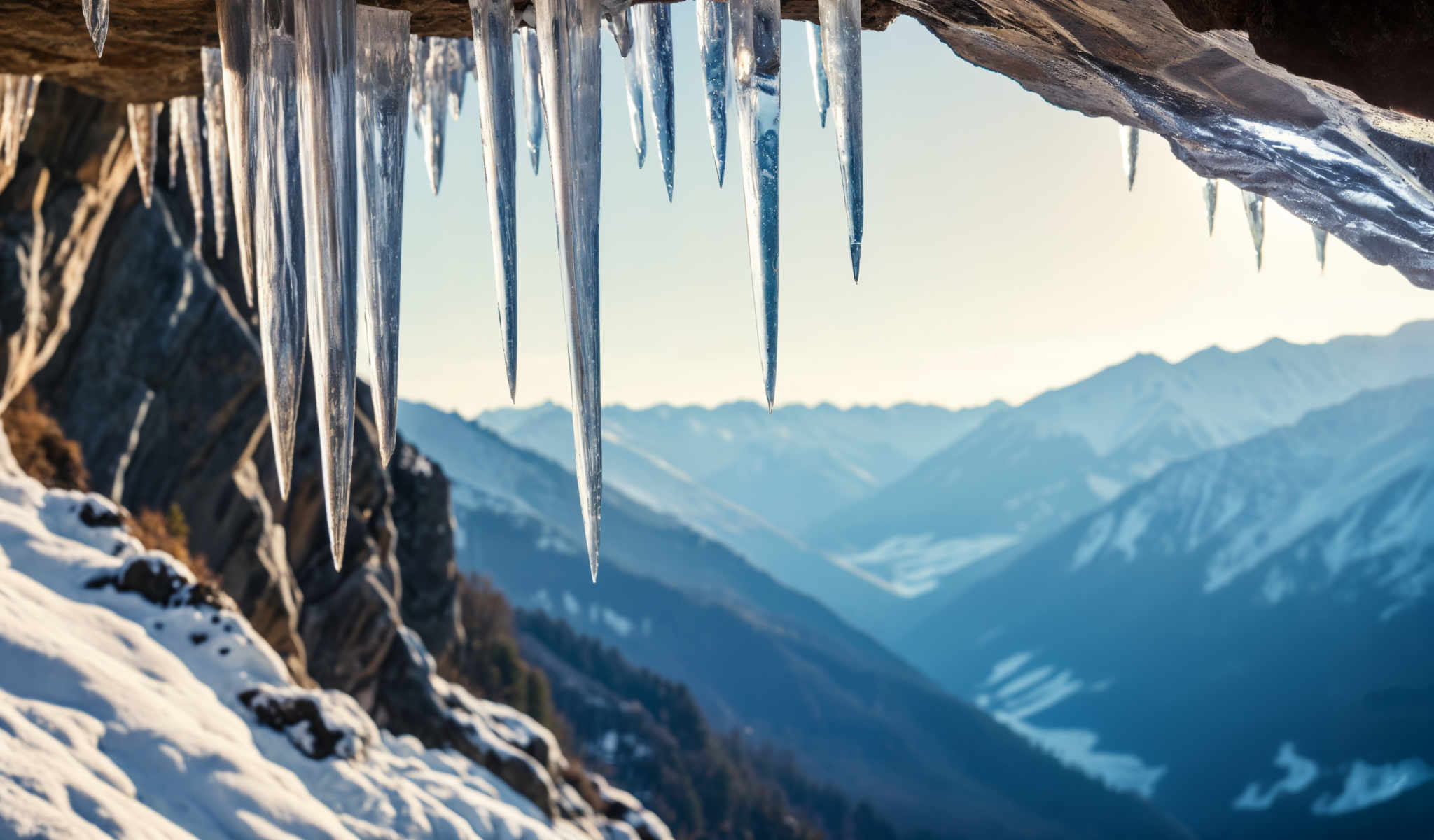 A breathtaking view of a mountain range with a clear blue sky above. The mountains are covered in a blanket of snow and hanging from the top of the frame are numerous icicles their sharp points pointing downwards. The icicles are a mix of clear and cloudy white and they are all of different lengths creating a visually interesting pattern. The sky above is a beautiful shade of blue with a few wispy clouds scattered across it. The image captures the serene beauty of nature with the snow-covered mountains and the clear blue skies.