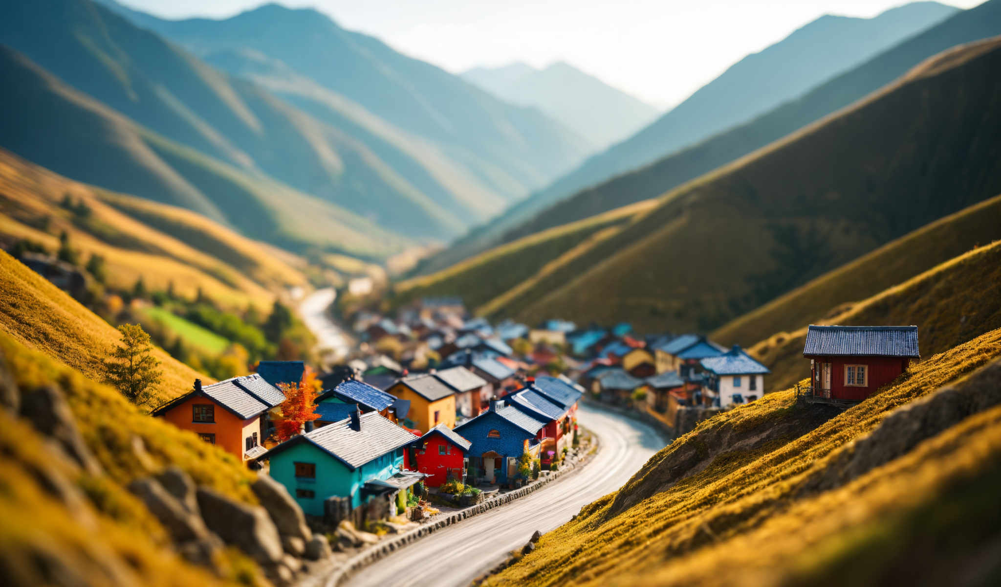 A picturesque village nestled in the mountains. The village is composed of 12 houses each painted in a different color. The colors range from blue and orange to red and yellow. The houses are arranged in a semi-circle with a winding road cutting through the center. The road is lined with trees and shrubs adding to the charm of the village. The backdrop is a stunning mountain range with peaks reaching up to 10,000 feet. The sky above is a clear blue with only a few clouds scattered across it. The image captures the serene beauty of the mountains and the vibrant colors of the houses creating a captivating scene.