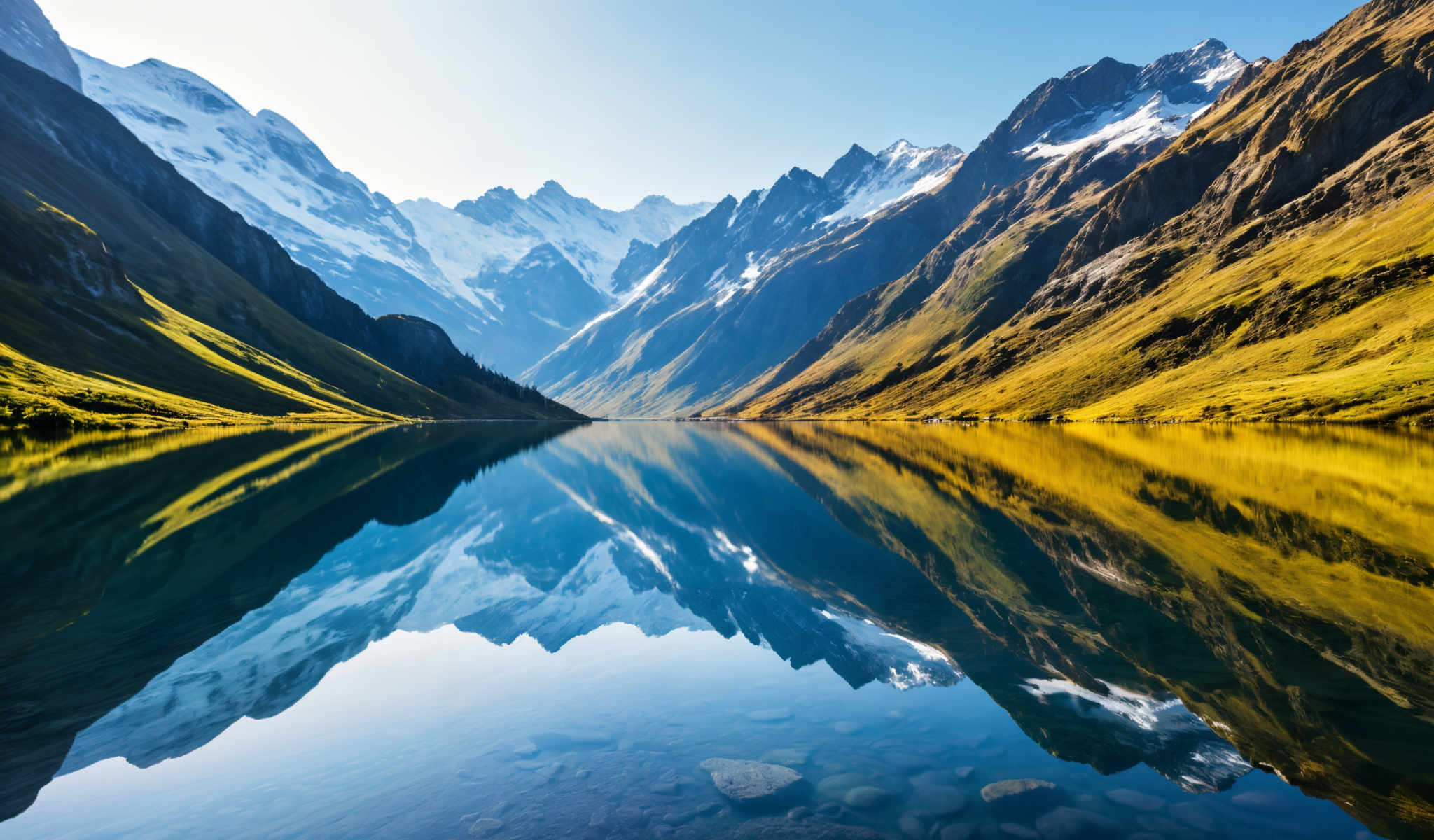 A serene mountain landscape with a lake in the foreground. The mountains are covered in snow and the sky is clear and blue. The lake is calm and mirrors the surrounding scenery. The image is taken from a low angle giving a sense of grandeur to the mountains. The colors in the image are vibrant with the blue of the sky and lake contrasting with the green of the mountains and the yellow of the grass. The perspective of the photo is from the ground looking up at the mountains giving the viewer a sense that they are standing at the edge of the lake looking up in awe at the towering mountains.