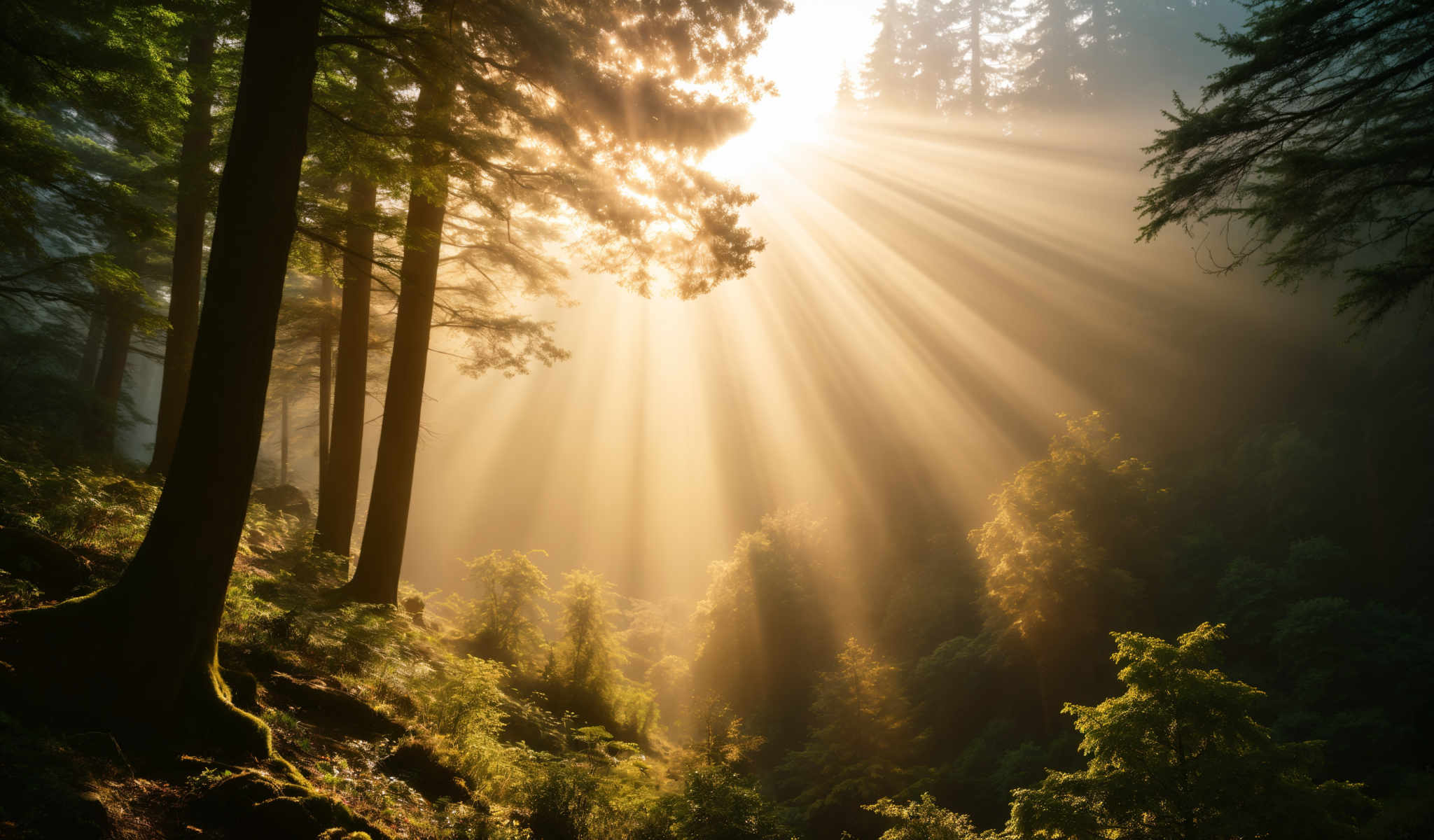 A forest scene with a bright sun shining through the trees.