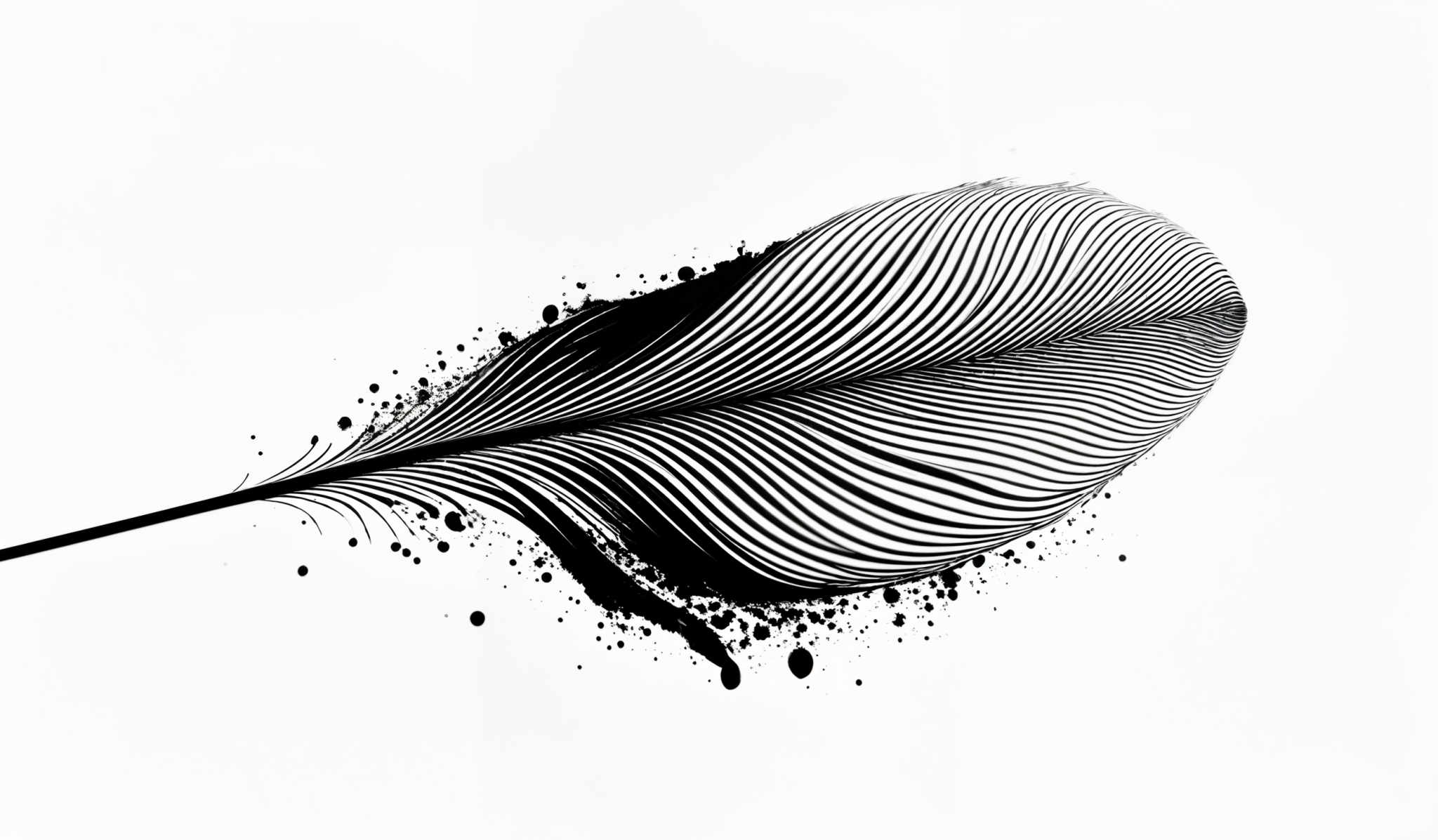 The image showcases a monochromatic palette with predominant shades of black and white. The primary shape is a feather-like structure with intricate, parallel lines forming its body. The feather appears to be in a dynamic pose, possibly in mid-flight or movement. Surrounding the feather are splatters and droplets of ink or paint, adding a sense of motion and spontaneity to the composition.