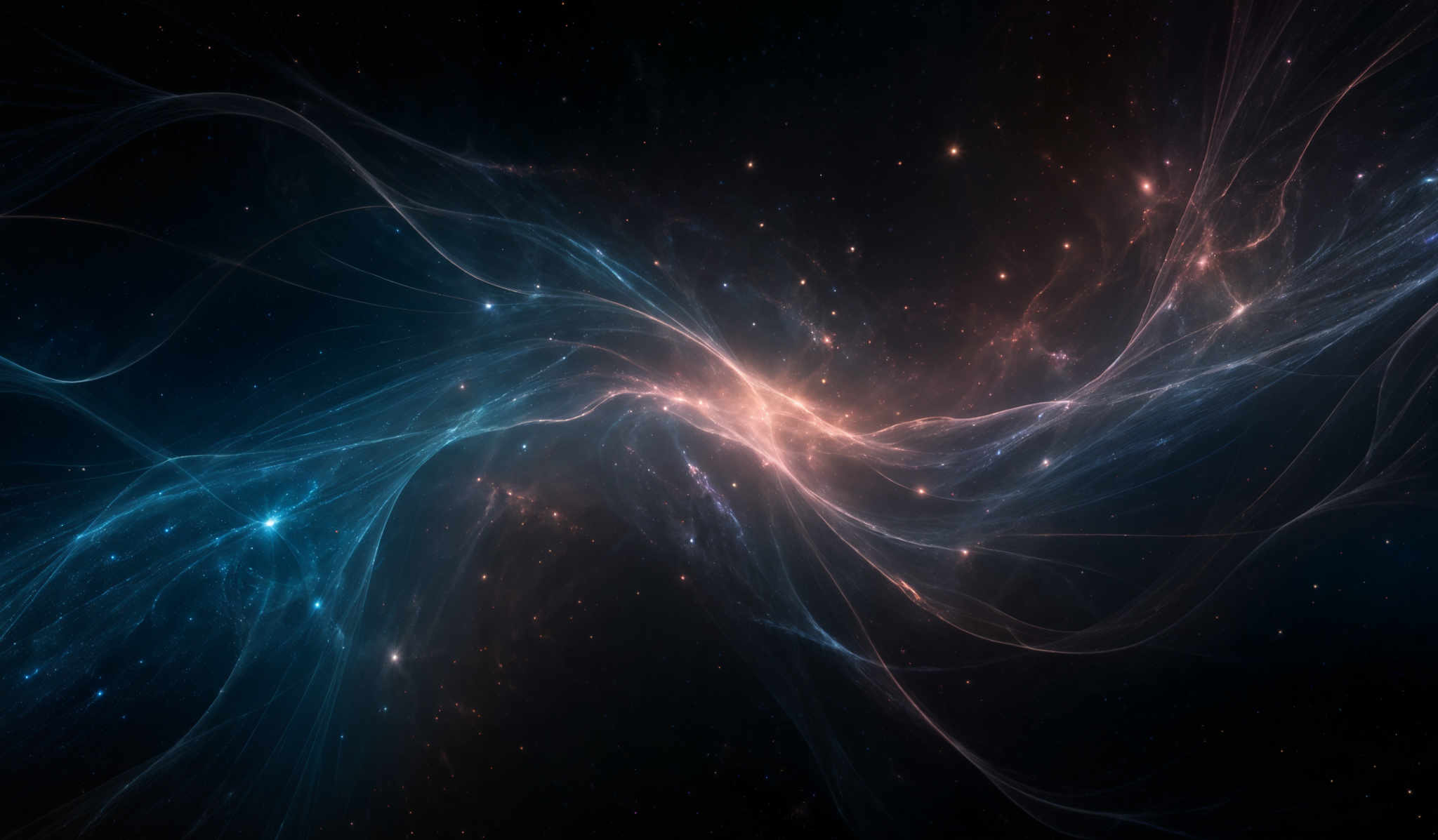 The image showcases a mesmerizing cosmic scene with swirling patterns of vibrant colors. Dominant hues include deep blues, fiery oranges, and soft pinks. The swirls appear to be intertwined, creating a dance of light and shadow. The background is dotted with numerous twinkling stars, adding to the ethereal beauty of the scene.