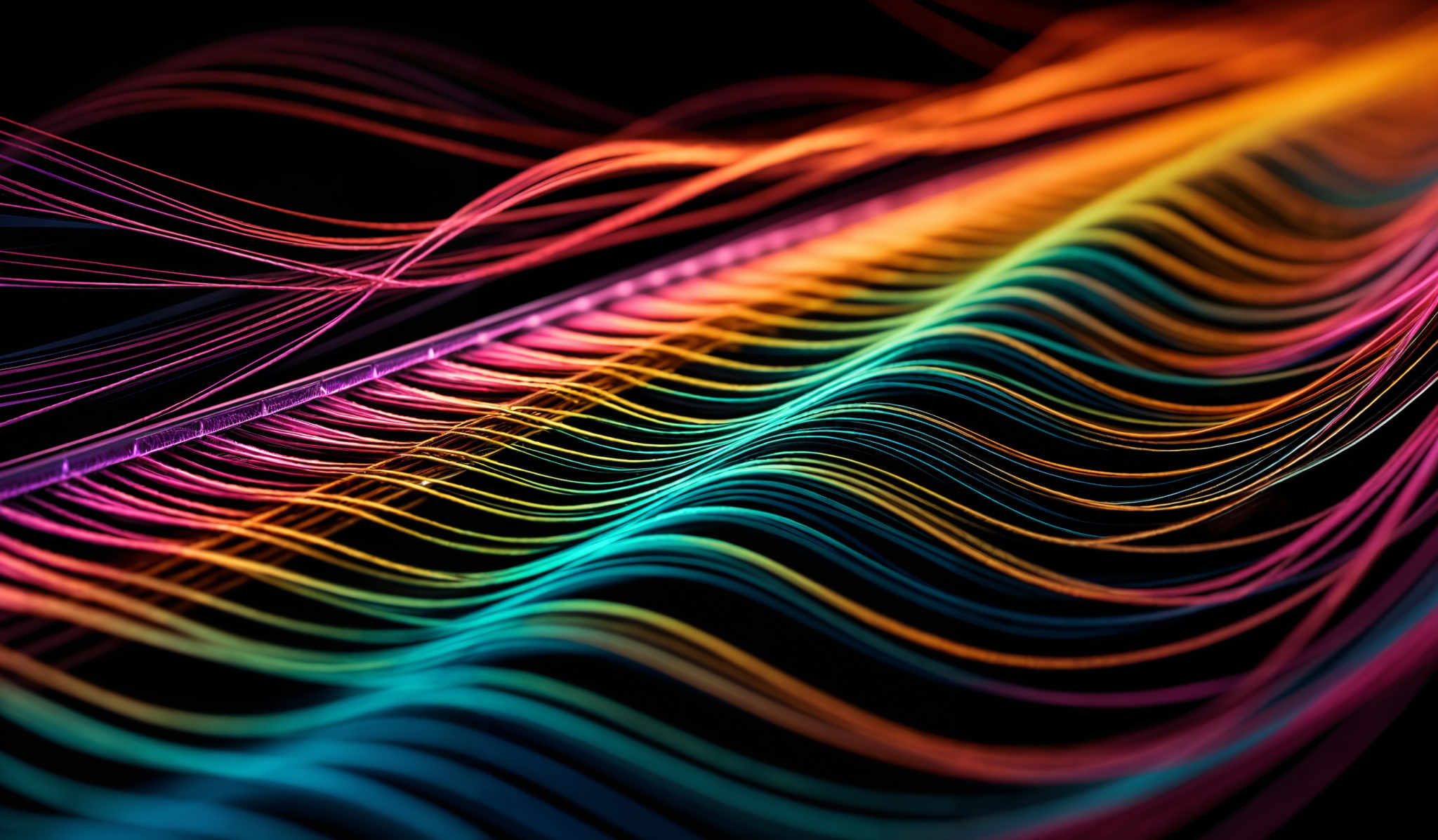 The image showcases a vibrant and dynamic visual representation of intertwined lines and waves. The lines are colorful, with hues ranging from deep blues to bright oranges and reds. They appear to be in motion, creating a sense of fluidity and energy. The shapes resemble abstract representations of sound waves or even flowing water, with the interplay of colors suggesting different frequencies or intensities.