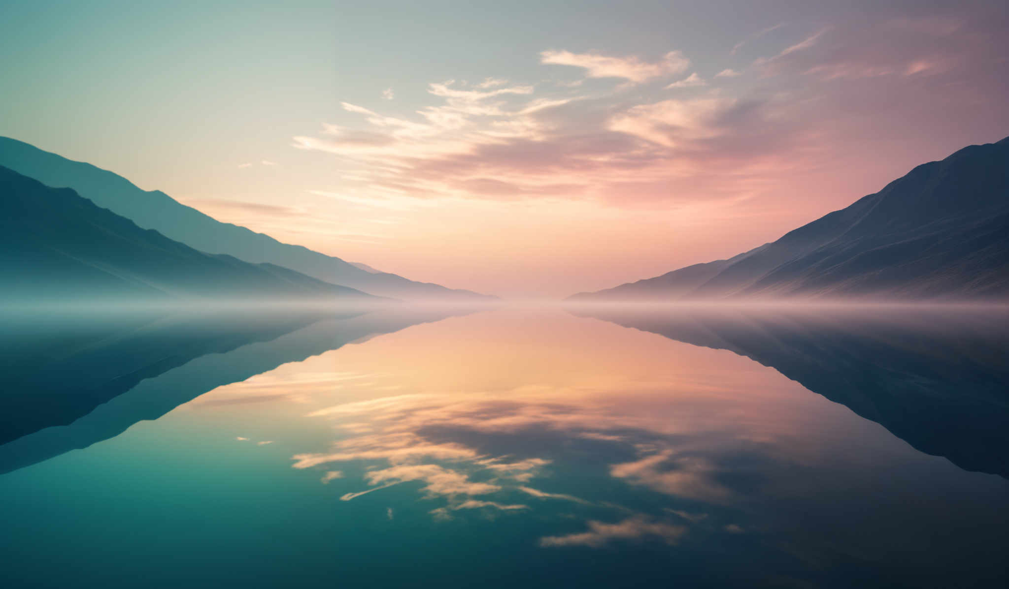 The image showcases a breathtaking landscape during what appears to be either dawn or dusk. The sky is painted with hues of blue, pink, and orange, with clouds scattered across. The mountains on either side of the frame are tall and majestic, with their silhouettes contrasting against the vibrant sky. The calm waters in the foreground mirror the sky and the mountains, creating a symmetrical and serene view.