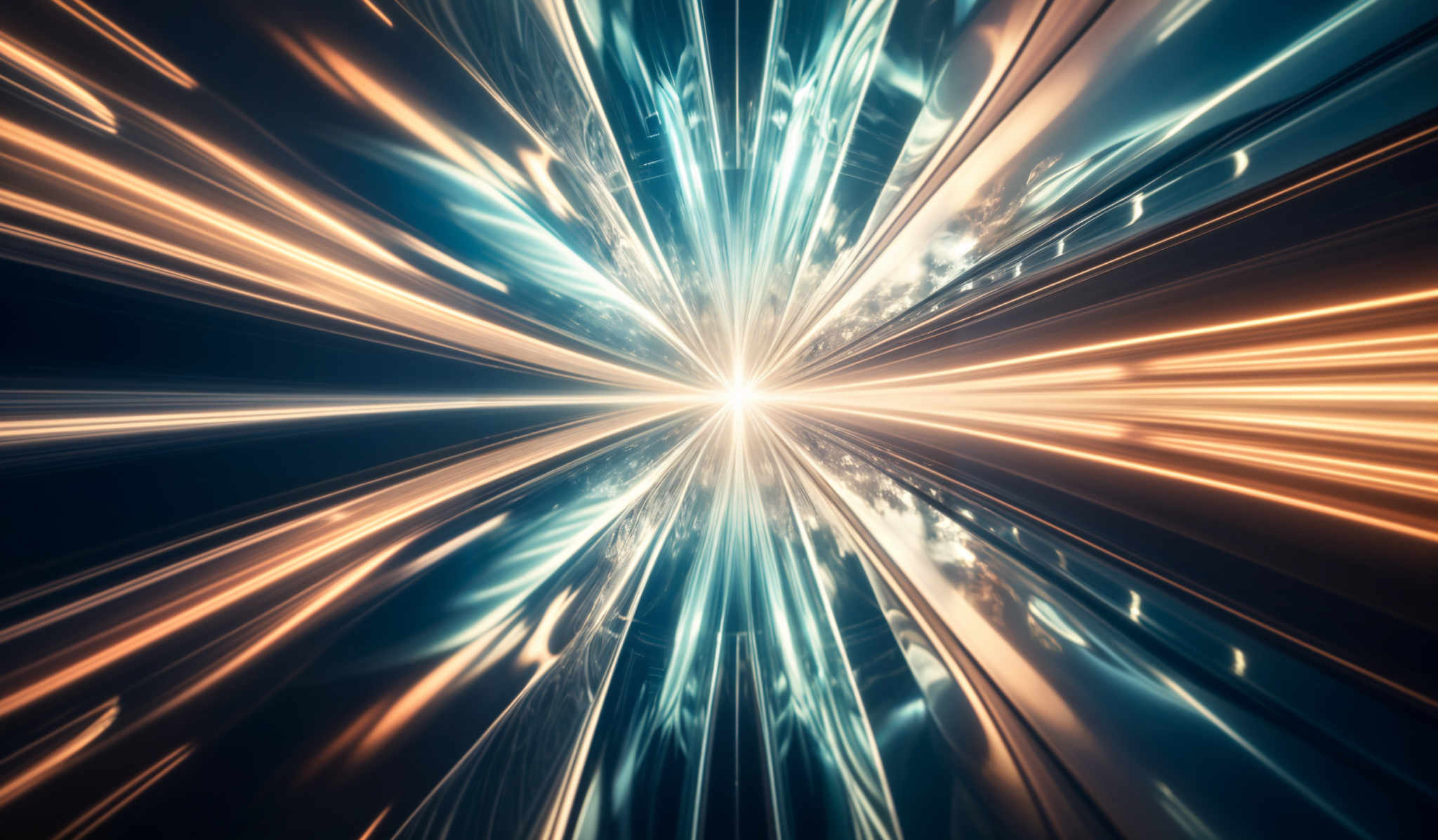 The image showcases a vibrant and dynamic scene with a central light source radiating outward. The colors predominantly featured are shades of blue, gold, and black. The shape is reminiscent of a tunnel or a vortex, with the central light acting as a focal point. The golden streaks seem to be moving at high speed, creating a sense of motion and energy. The overall impression is of a high-speed journey through a cosmic or digital space.