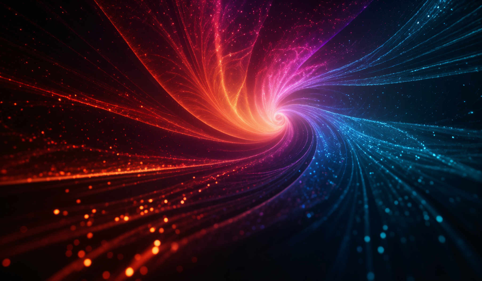 The image showcases a vibrant and dynamic swirl of colors. At the center, there's a bright, glowing vortex that transitions from a fiery orange to a deep blue. Surrounding this central vortex are streams of light that radiate outward, intertwining with each other. The light streams are illuminated with a mix of reds, oranges, and blues, creating a mesmerizing effect. The background is dark, which accentuates the brightness and vibrancy of the colors and light patterns.