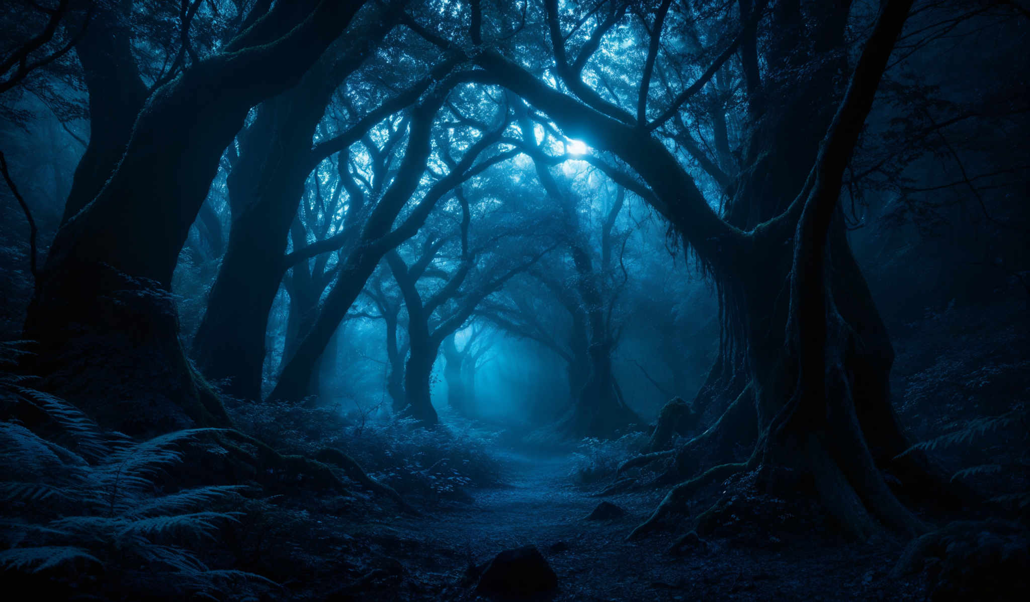 The image showcases a mystical and dense forest. The dominant colors are shades of blue and dark green, creating a serene and mysterious ambiance. The trees have gnarled and twisted trunks, with their branches forming an intricate network overhead. The forest floor is covered with ferns and moss, and there's a pathway that seems to lead deeper into the woods. The mist or fog adds to the enchantment, making the forest appear as though it's from a fairy tale.