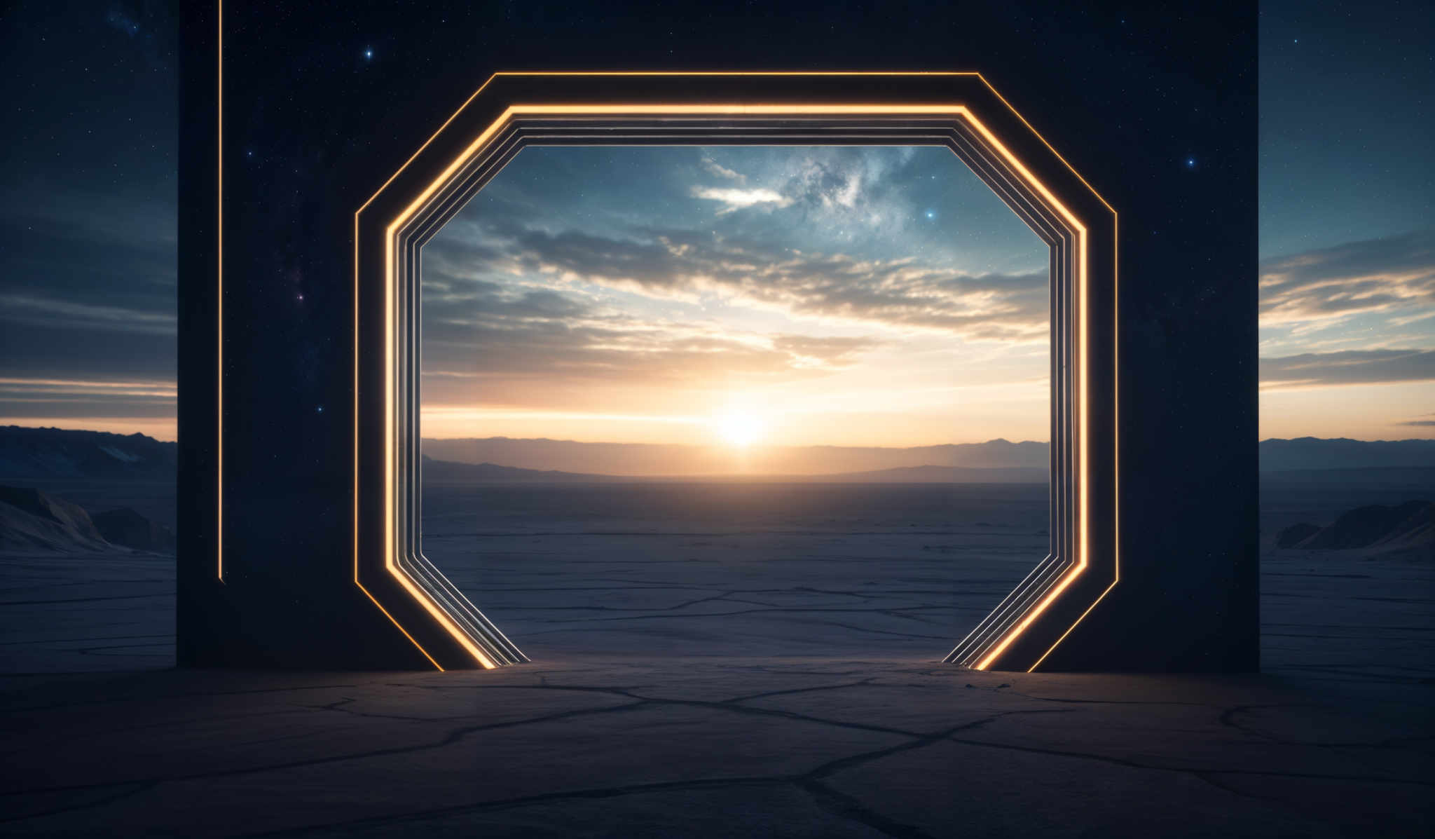 The image showcases a vast, barren landscape with cracked ground. Dominating the foreground is a large, hexagonal-shaped portal or frame with neon-like outlines. This frame is set against a stunning backdrop of a sunset or sunrise, with the sun casting a golden hue over the horizon. The sky is dotted with stars, and there's a nebulous cloud formation visible. The overall color palette is a mix of deep blues, golds, and grays, creating a surreal and otherworldly atmosphere.