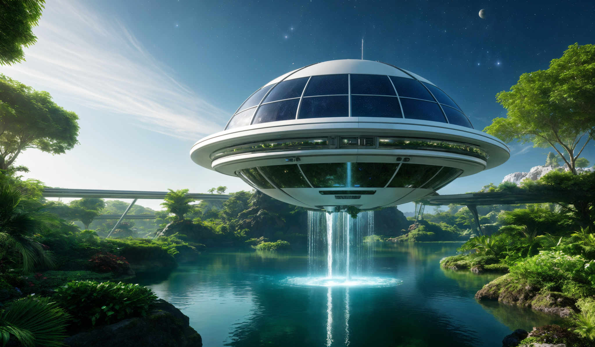 The image showcases a futuristic, spherical structure with a sleek design, hovering above a serene body of water. The structure is predominantly white with large, clear panels that allow a view of the interior. It is supported by a thin, circular base that appears to be tethered to the ground by a long, thin cable. The surrounding area is lush and green, with tall trees, vibrant plants, and a variety of flora. The sky above is clear with a few stars visible, and there's a crescent moon in the distance. The water below reflects the structure and the surrounding greenery, creating a tranquil and harmonious atmosphere.