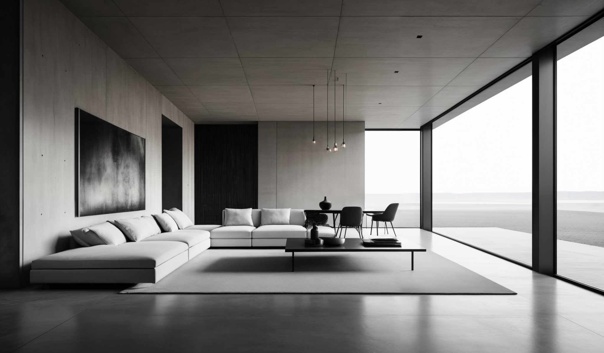 The image showcases a minimalist and modern living room. The dominant colors are shades of gray, white, and black. The room features a large, L-shaped white sofa adorned with multiple white cushions. Above the sofa, there's a large abstract painting with dark, swirling patterns. To the right, there is a dining area with a dark table and chairs. The ceiling is made of concrete with recessed lighting. On the left, there are large floor-to-ceiling windows that offer a panoramic view of a serene landscape.