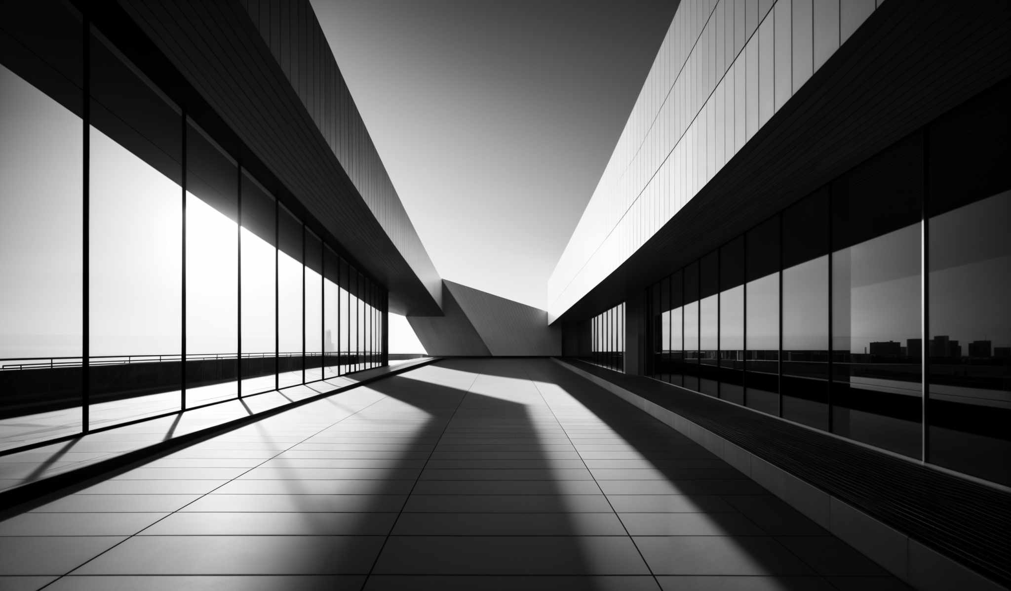 The image is in black and white, showcasing a modern architectural structure. The predominant colors are shades of gray, black, and white. The structure features sleek, angular designs with large glass windows that reflect the sky and surroundings. The floor appears to be made of tiles, and the overall ambiance is one of minimalism and elegance.