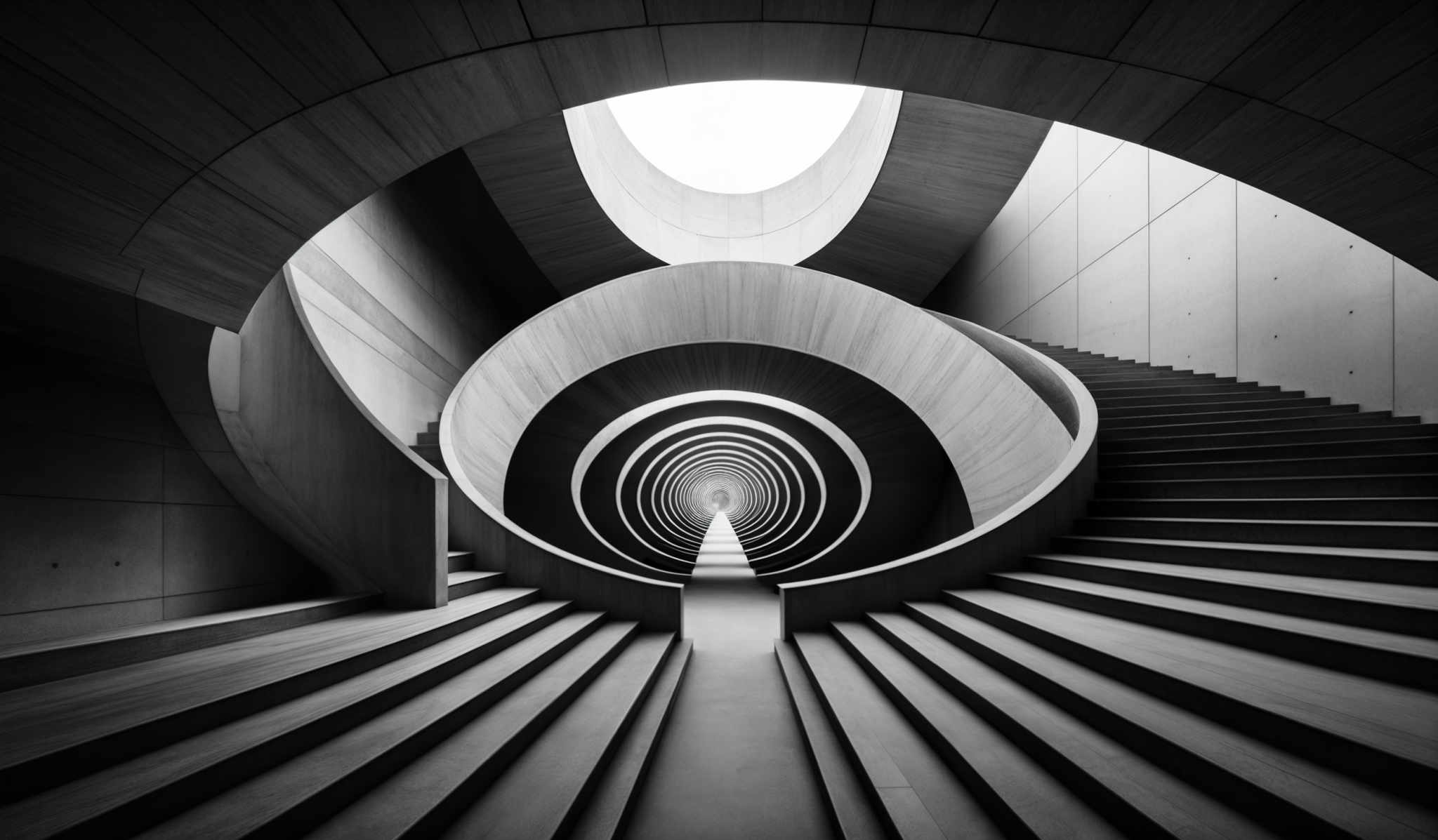 The image showcases a monochromatic palette, predominantly in shades of gray. The primary focus is on a series of concentric spirals, creating a mesmerizing vortex effect. These spirals are architecturally designed, with each level having a distinct step or platform. The structure appears to be made of stone or concrete, with a smooth texture. The play of light and shadow accentuates the depth and curvature of the spirals. The overall design evokes a sense of symmetry, balance, and depth.