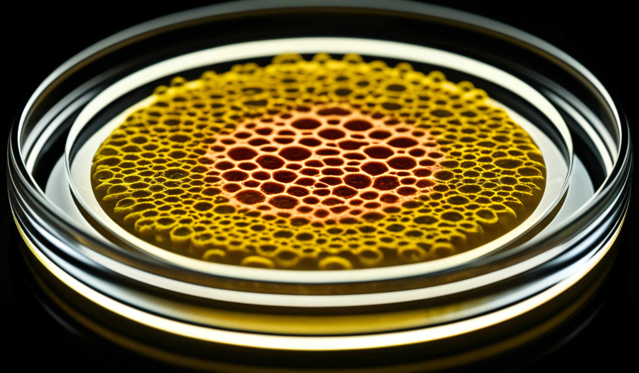 The image showcases a circular object with concentric layers. The outermost layer is a clear, transparent material, possibly glass or plastic. Within this outer layer, there's a vibrant yellowish substance with a honeycomb-like pattern. This pattern is densely packed with small circular indentations. The center of this yellowish layer has a distinct reddish-brown hue, contrasting sharply with the surrounding yellow. The overall appearance is intricate and detailed, suggesting a scientific or artistic experiment or representation.