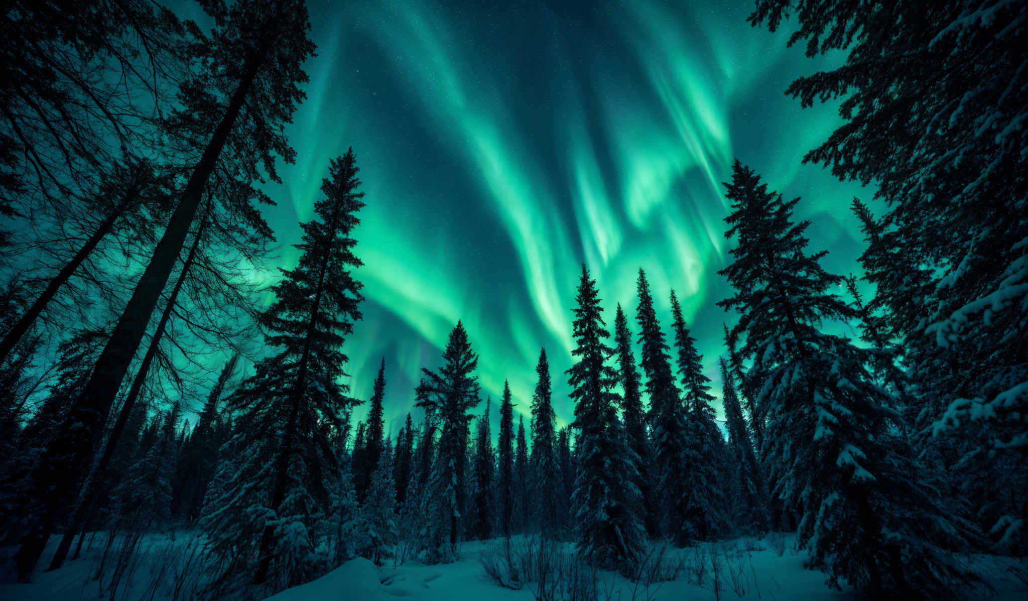 The image showcases a breathtaking view of the Northern Lights, also known as the Aurora Borealis. These lights display a mesmerizing shade of green, dancing and swirling across the night sky. They form an ethereal curtain, adding a sense of wonder and magic to the scene. The foreground is dominated by tall, snow-covered pine trees, their branches weighed down by the fresh snow. The ground is blanketed in a thick layer of snow, reflecting the soft glow of the lights above. The overall ambiance is serene, with the natural beauty of the forest complemented by the celestial spectacle above.