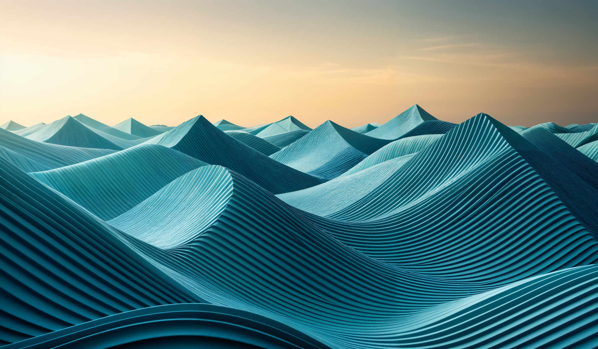 The image showcases a series of undulating, wave-like structures that appear to be made of a smooth, reflective material. These structures have a consistent, rhythmic pattern with ridges that run parallel to each other. The color palette is dominated by shades of blue, with hints of teal and turquoise. The sky in the background is a gradient of soft orange and yellow, suggesting either a sunrise or sunset. The overall ambiance of the image is serene and dreamlike.