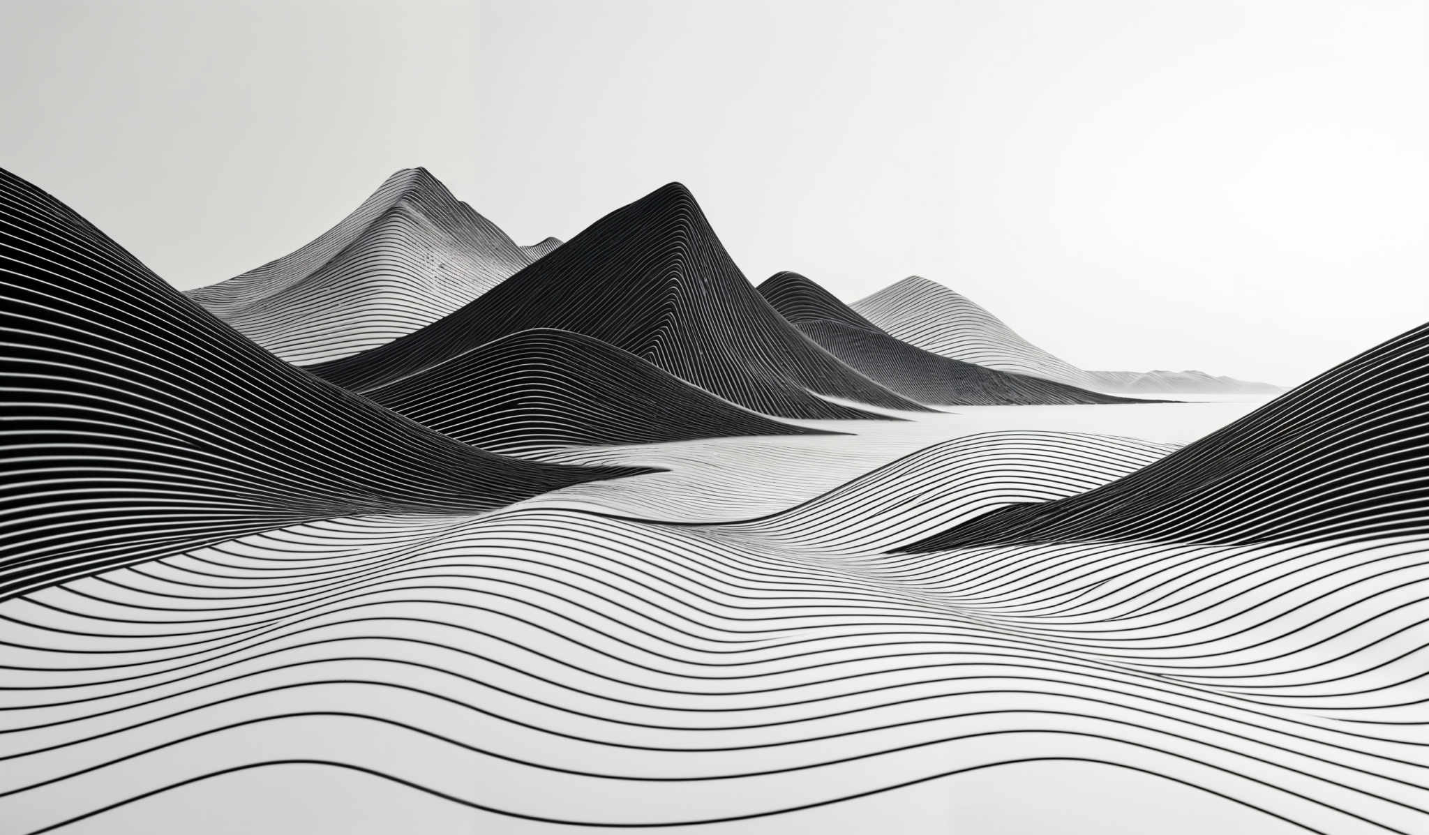 The image showcases a monochromatic landscape with a series of undulating, wave-like patterns. The patterns are made up of parallel lines that converge and diverge, creating an optical illusion of depth and dimension. The shapes resemble mountains or hills, with the lines giving a sense of movement and fluidity. The overall effect is both mesmerizing and hypnotic, with varying intensities of line density creating different levels of contrast.