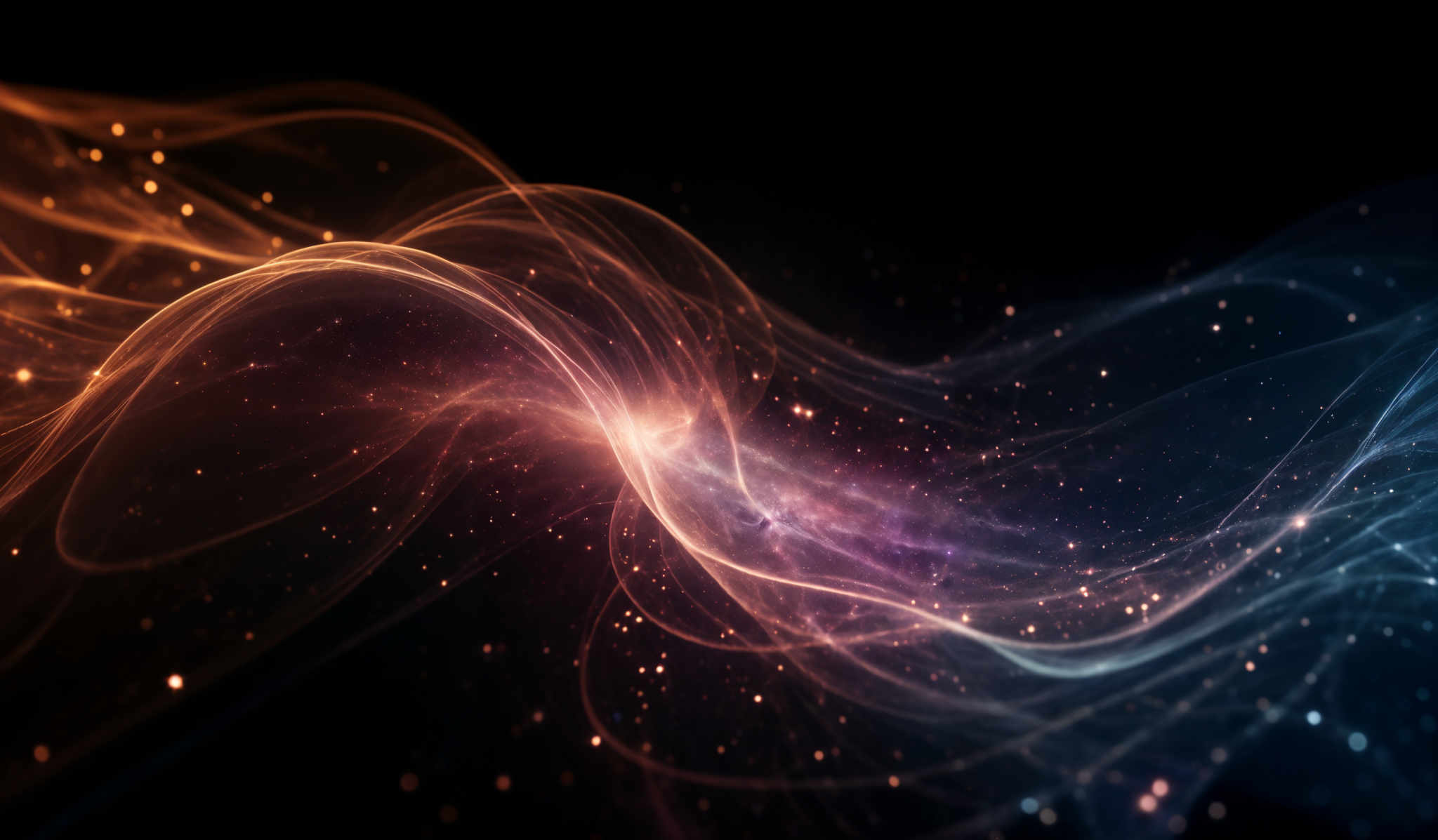 The image showcases a vibrant interplay of colors, primarily consisting of deep blues, fiery oranges, and hints of purple. The shapes are fluid and wavy, resembling intertwined streams or waves. These streams are dotted with bright, glowing particles that add a sense of depth and movement to the scene. The overall effect is reminiscent of cosmic energy or a nebulous formation in space.