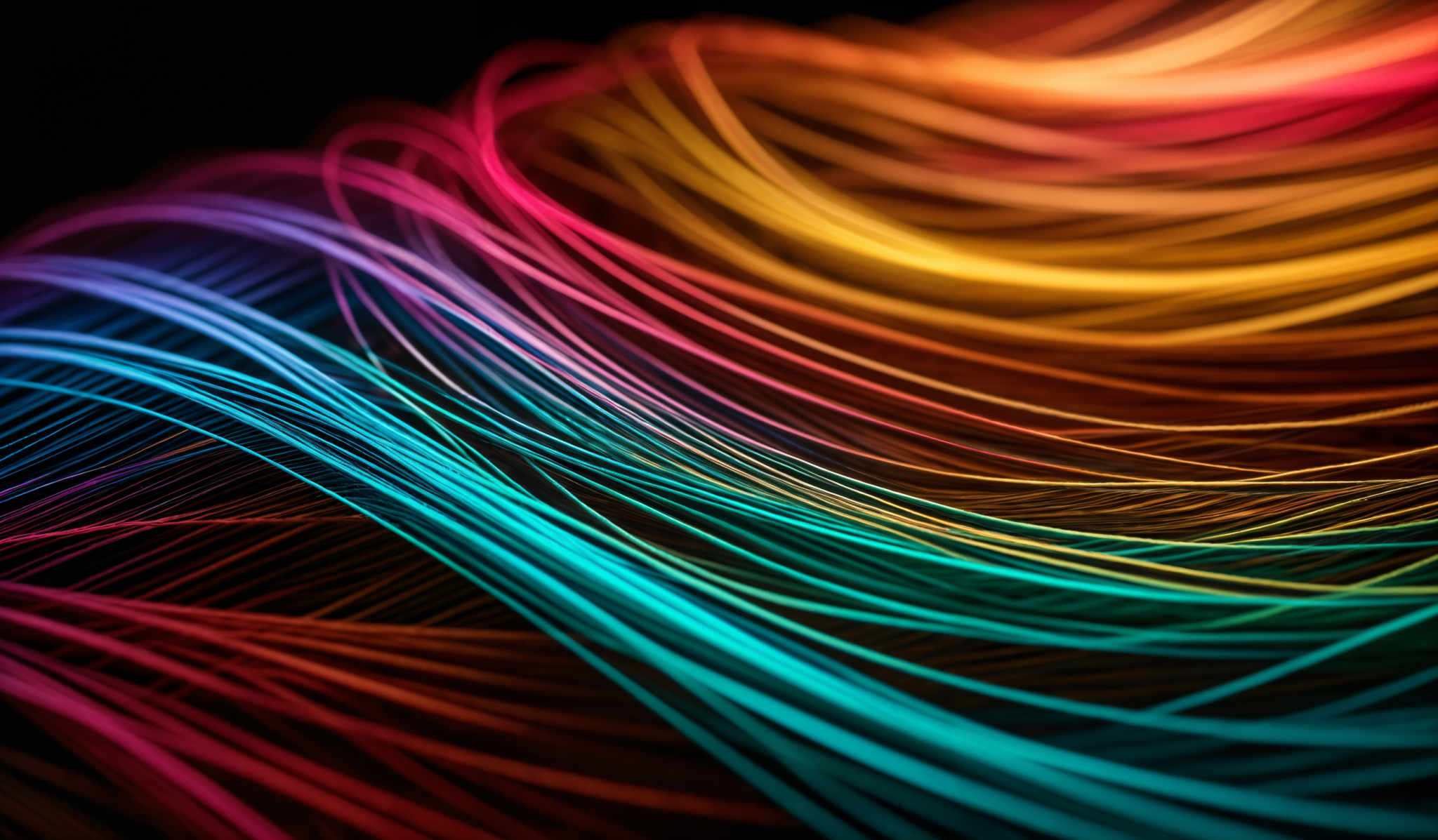 The image showcases a vibrant array of colorful lines intertwined in a dynamic pattern. The lines are wavy and flow seamlessly, creating a visually captivating effect. The colors range from deep blues and purples to bright yellows, oranges, and reds. The interplay of these colors against each other creates a sense of movement and energy, reminiscent of flowing water or swirling winds.