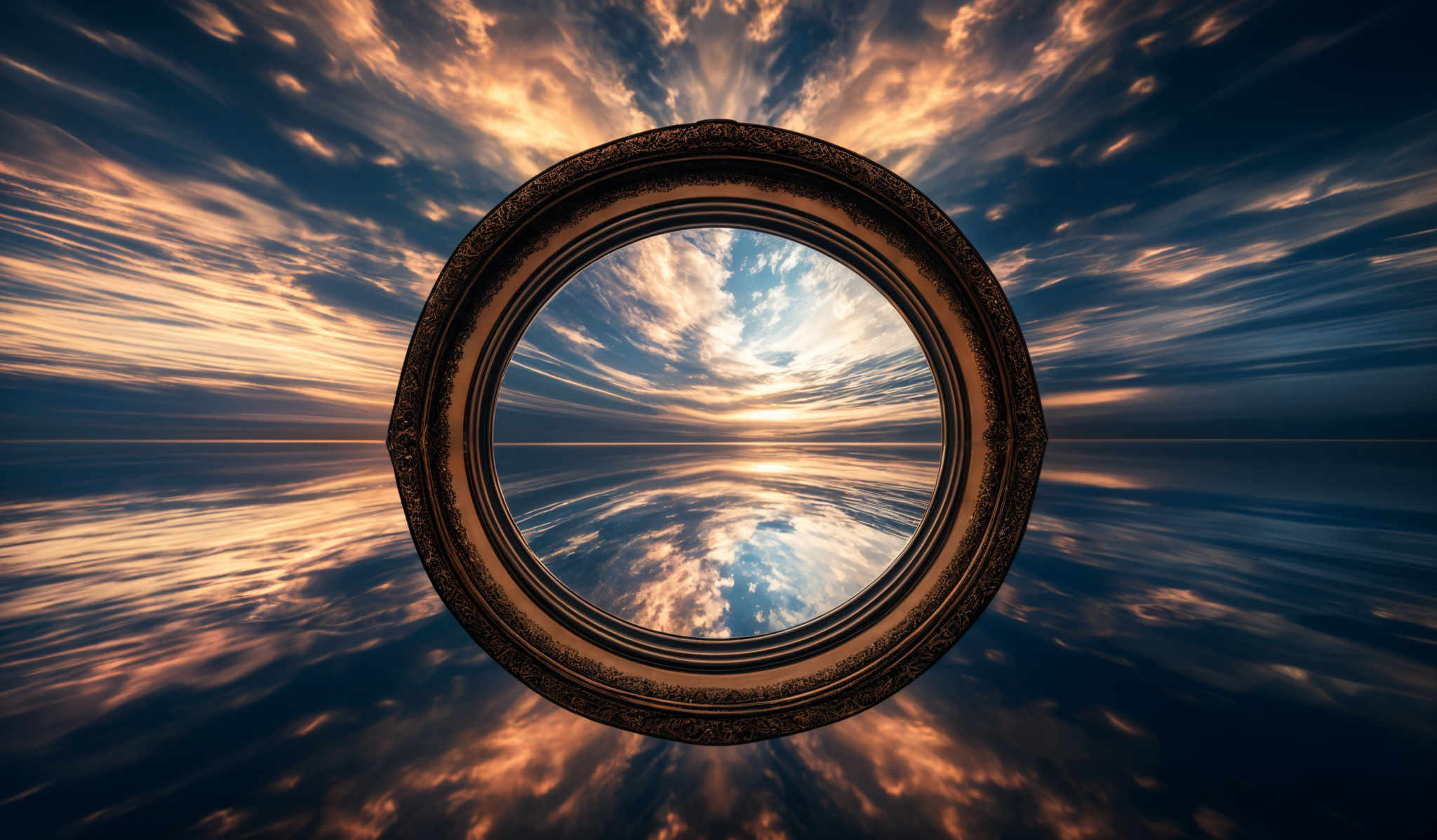 The image showcases a large, ornate oval mirror set against a dramatic backdrop of swirling clouds and a setting or rising sun. The clouds exhibit a mix of deep blues, fiery oranges, and golden yellows, creating a dynamic and vibrant atmosphere. The sun casts a brilliant light, illuminating the clouds and reflecting off the water below. Within the mirror, a serene reflection of the same sky and clouds is visible, offering a symmetrical and tranquil counterpoint to the chaotic backdrop.