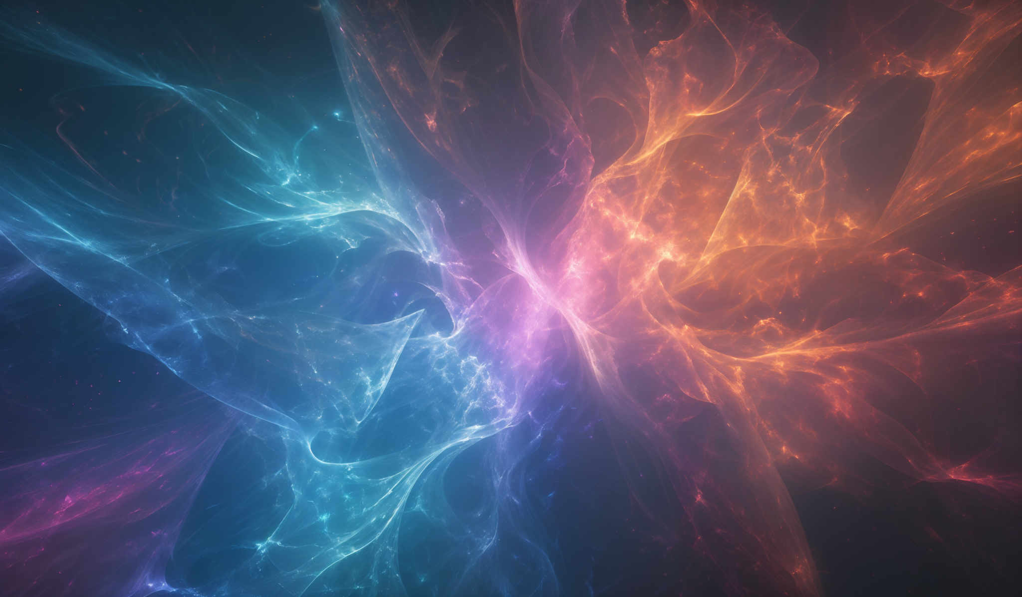 The image showcases a vibrant and dynamic interplay of colors, primarily consisting of deep blues, fiery oranges, and radiant purples. The shapes are fluid and wavy, reminiscent of swirling gases or cosmic energy. The image gives an impression of a cosmic or nebulous environment, possibly representing a star formation or a depiction of the universe's vastness and beauty.