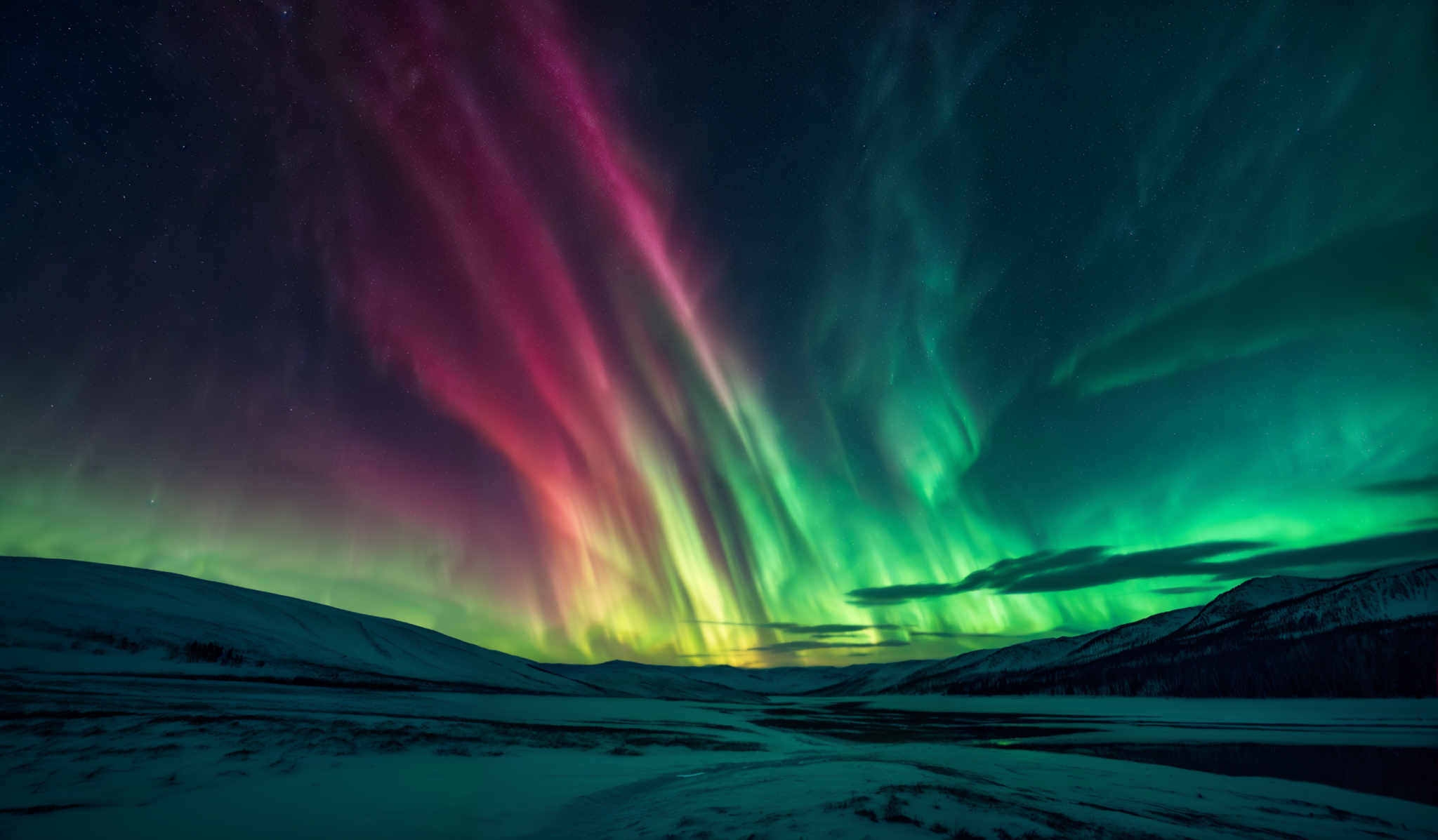 The image showcases a breathtaking view of the Northern Lights, also known as the Aurora Borealis. The colors range from deep purples and blues at the top to vibrant reds, oranges, and greens closer to the horizon. The lights form intricate patterns, almost resembling curtains or waves, cascading downwards. The landscape below is snow-covered, with undulating hills and a serene body of water reflecting the lights. The sky is dotted with stars, adding to the ethereal beauty of the scene.