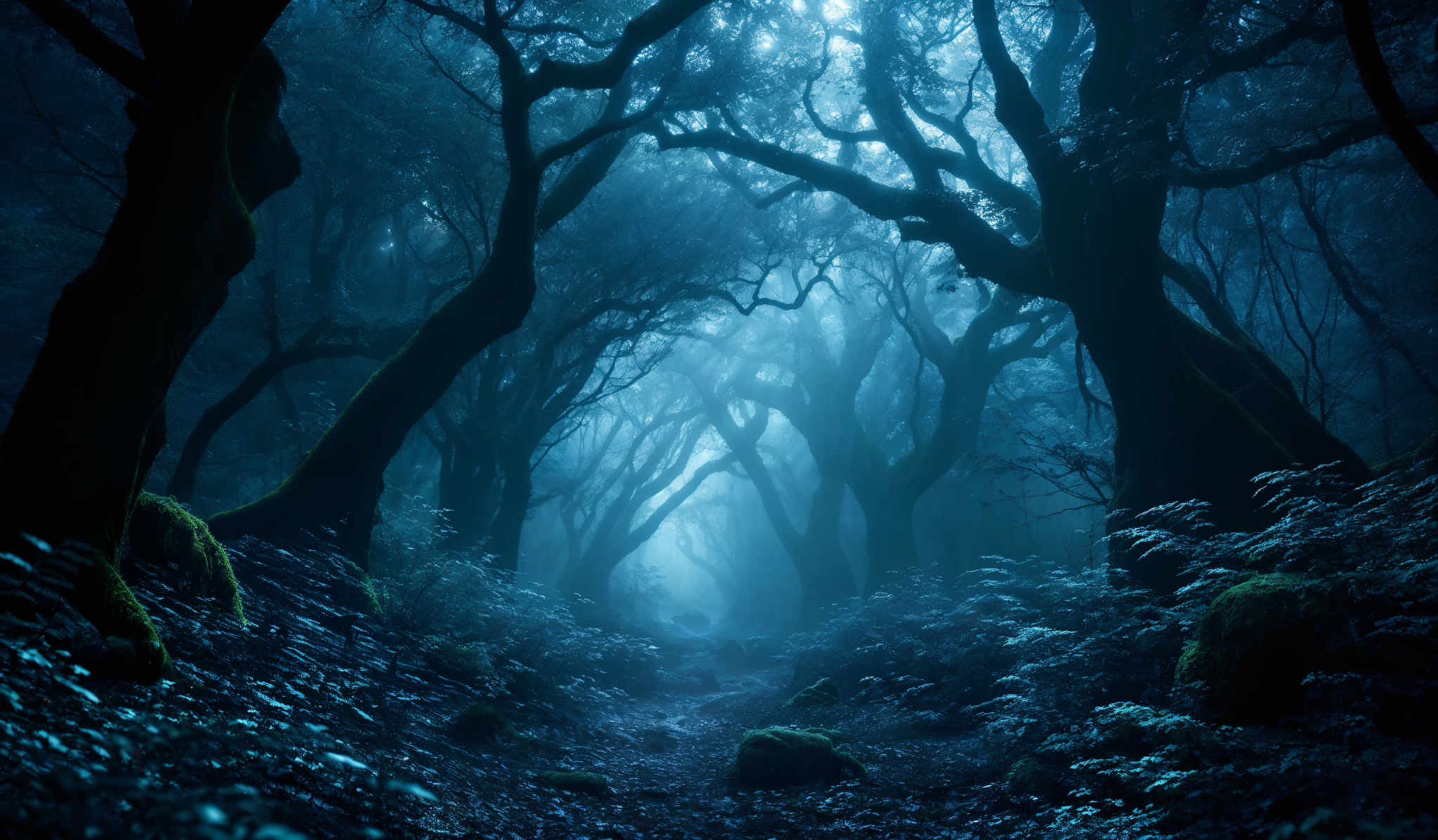 The image showcases a mystical and dense forest. The dominant colors are shades of blue and green, creating a serene and ethereal atmosphere. The trees have twisted and gnarled trunks, reaching out in all directions. The ground is covered with fallen leaves, moss, and ferns, adding to the enchanting ambiance. The forest appears to be enveloped in a soft mist, which further enhances the sense of mystery and depth.