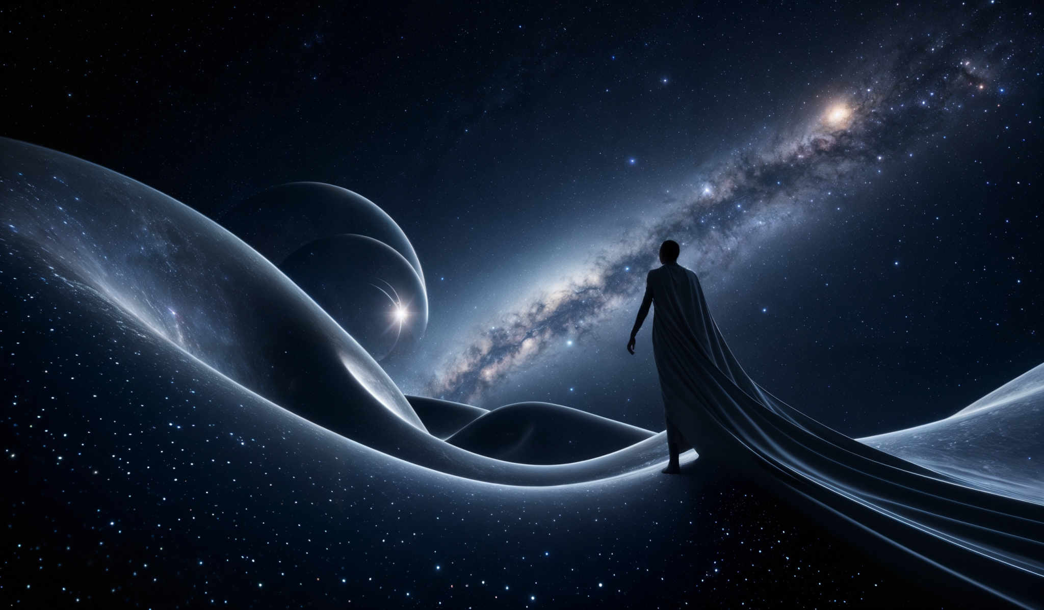 The image showcases a vast cosmic landscape with deep blue hues dominating the scene. The foreground features flowing, undulating forms that resemble celestial bodies or waves, dotted with bright white stars. A prominent figure stands on one of these formations, draped in a long, flowing cloak that extends behind them, creating a sense of movement and flow. The background is filled with a breathtaking view of a galaxy, with its spiraling arms and bright, luminous core. The vastness of space is further emphasized by the countless stars scattered throughout the image, creating an awe-inspiring sense of wonder and mystery.