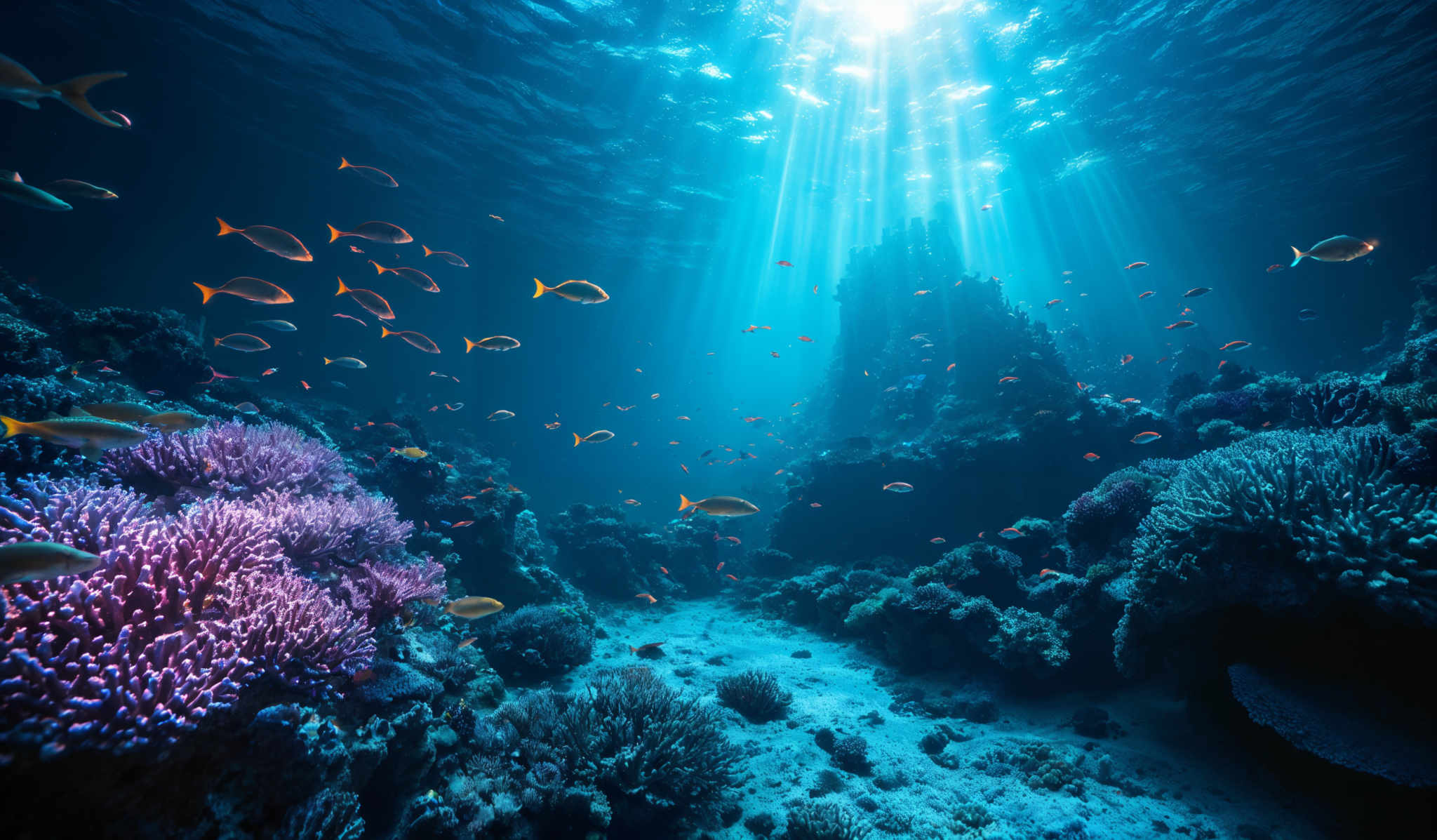 The image showcases an underwater scene with vibrant colors. The dominant colors are shades of blue, representing the water, and shades ranging from pink to purple for the coral formations. The corals are branching out in various shapes, forming a dense coral reef. Above the reef, there's a play of light, with rays of sunlight piercing through the water's surface, creating a mesmerizing effect. The water' fish, primarily yellow in color, swim gracefully around the corals, adding life to the scene.