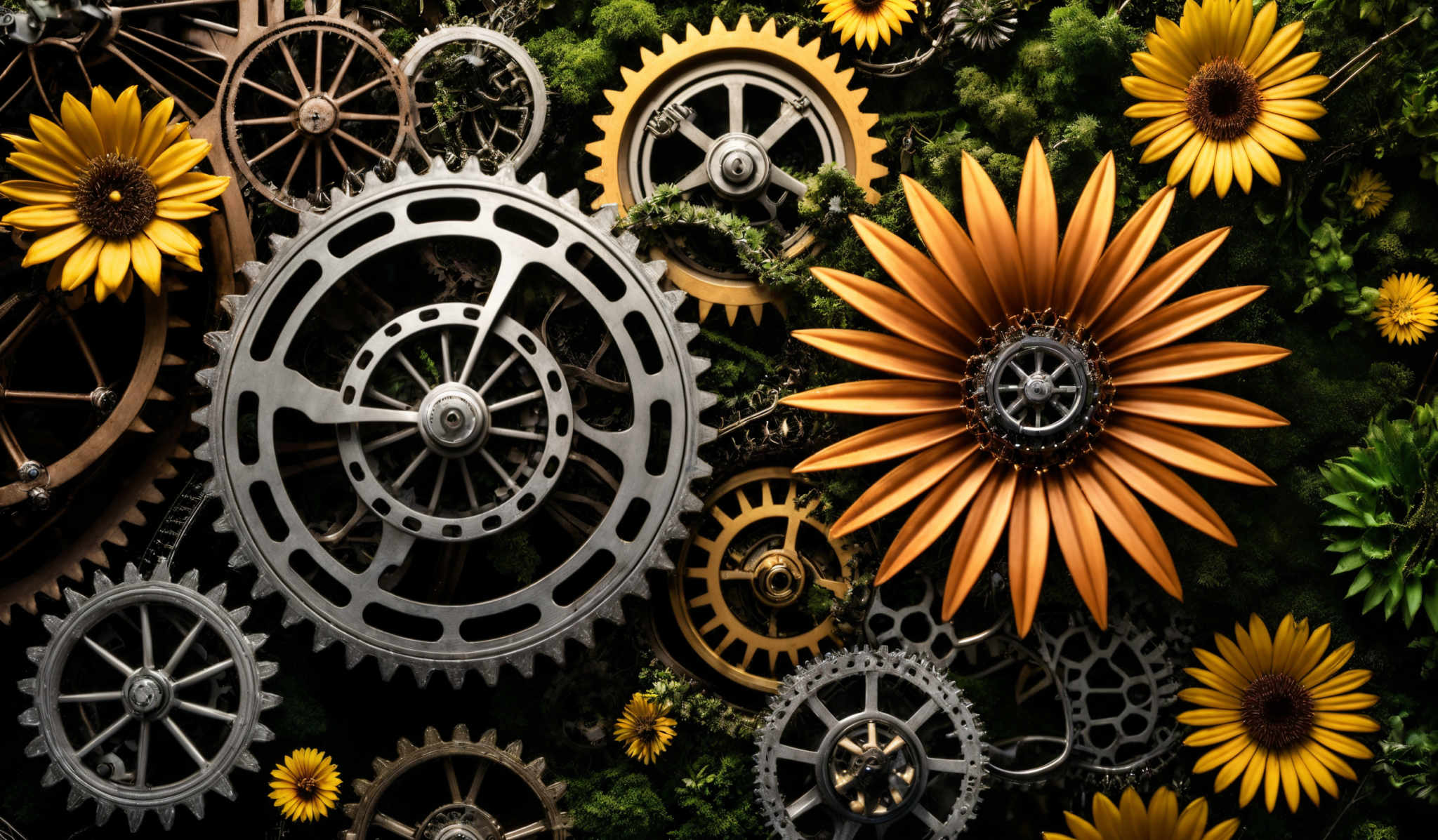 The image showcases a vibrant mix of mechanical gears and natural flora. The gears are metallic, with varying sizes and intricate designs, and they are predominantly in shades of silver and brown. Among the gears, there are two large sunflowers with bright yellow petals and dark brown centers. The sunflower on the right has a slightly tilted head. The background is adorned with green moss, giving a contrast to the metallicity of the gear and adding a touch of nature to the mechanical setting.