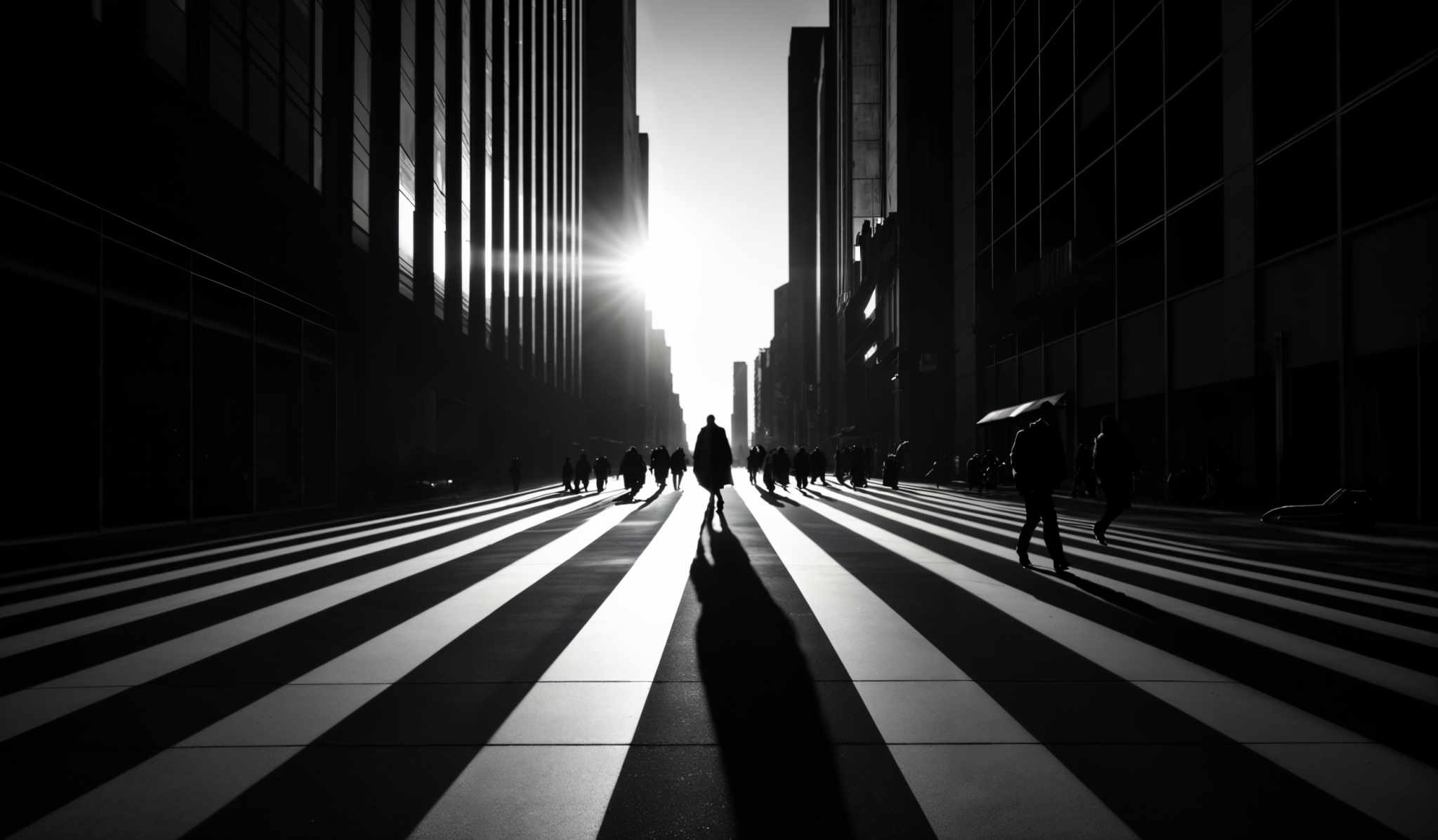 The image is in black and white, showcasing a cityscape with tall buildings on either side. The sun is positioned at the end of the street, casting long shadows of people walking on the zebra crossing. The buildings have a modern design, with large glass facades. The street itself has a distinctive pattern with alternating light and dark stripes, likely created by the sunlight and shadows. The people walking appear to be in mid-stride, adding a sense of motion to the scene.