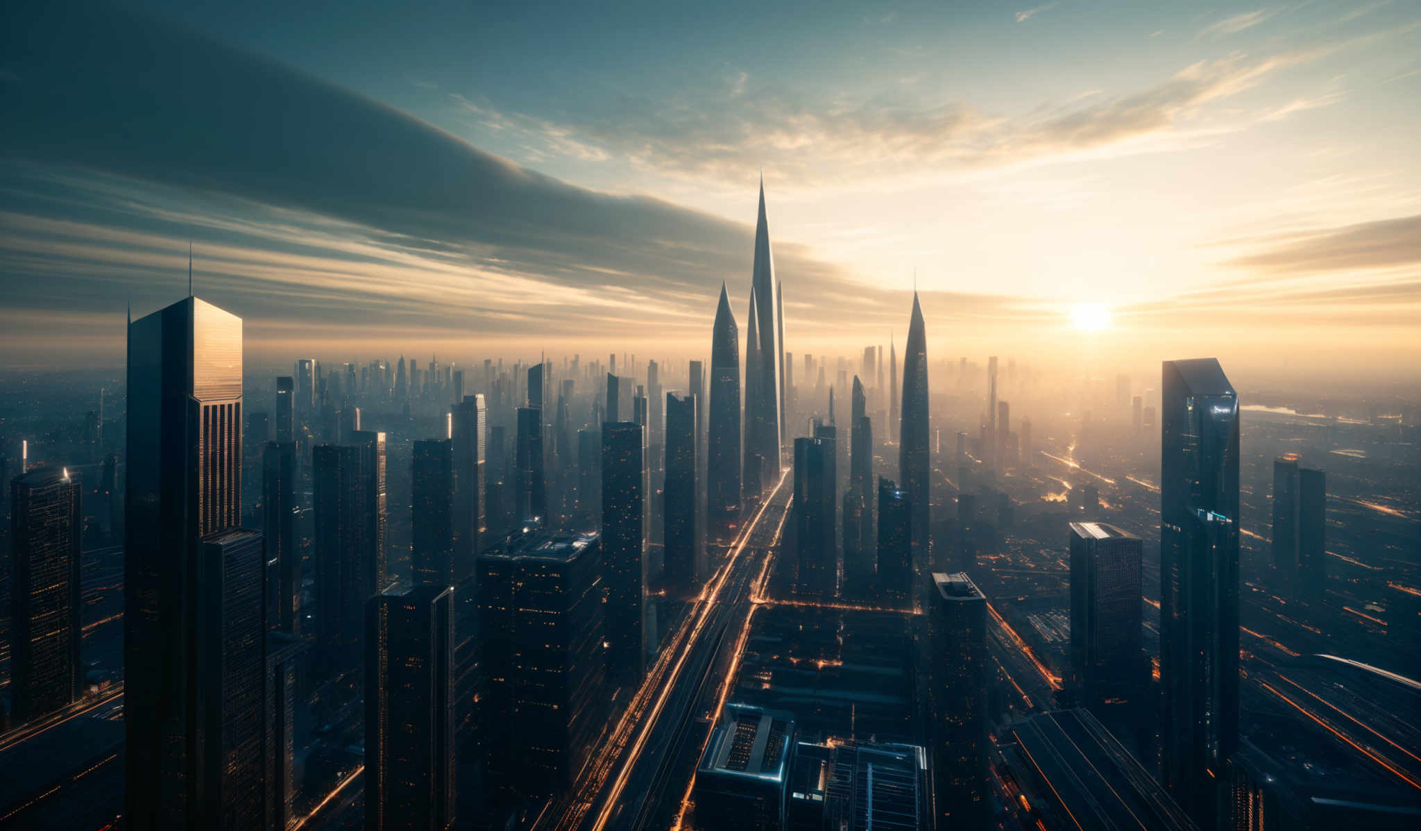 The image showcases a futuristic cityscape during sunset. The sky is painted with hues of orange, gold, and deep blue, with streaks of clouds illuminated by the setting sun. The city is dominated by towering skyscrapers, some of which have unique and sharp designs. The buildings reflect the colors of the sky, adding to the ambiance. The sun casts a golden glow on the city, highlighting the intricate details of the buildings and the roads below. The overall mood of the image is serene and awe-inspiring, capturing the essence of a bustling metropolis at the brink of dusk.