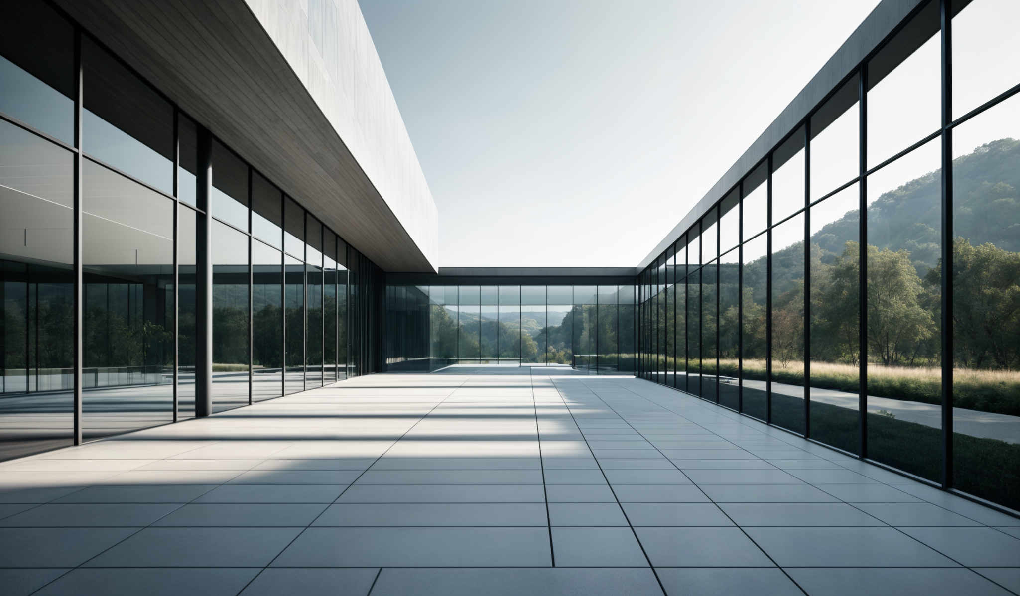 The image showcases a modern architectural design with large glass windows and a dark wooden ceiling. The floor is made of white tiles arranged in a grid pattern. The exterior view through the windows displays a lush green landscape with trees and a clear blue sky. The design emphasizes clean lines, minimalism, and a seamless integration of the building with its natural surroundings.