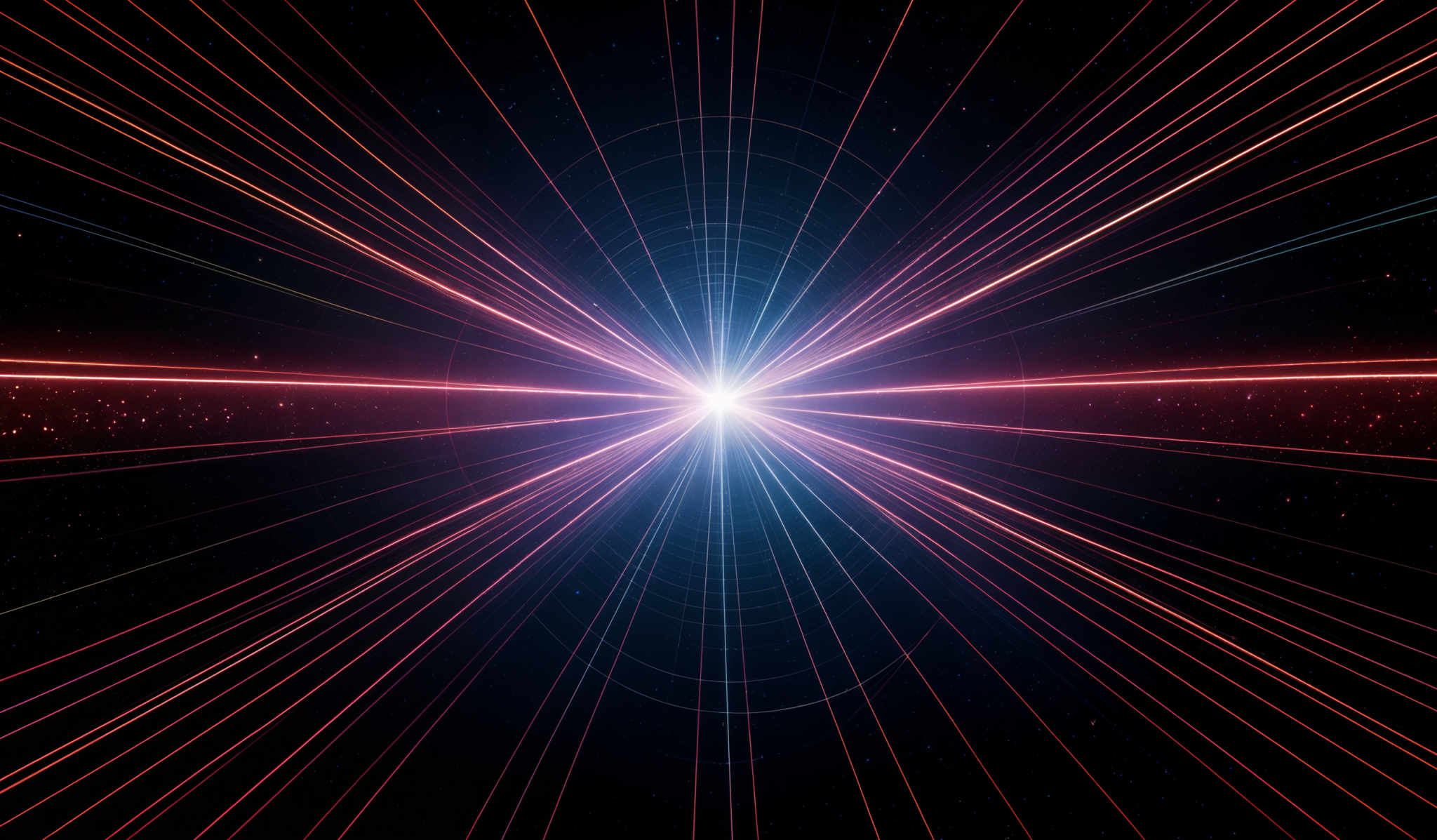 The image showcases a vibrant and dynamic scene with a central point emitting bright light. Radiating out from this point are concentric lines of varying colors, predominantly red and blue, that converge towards the center. These lines create an intricate web of patterns, giving the impression of a cosmic or digital space. The background is dark, dotted with tiny specks that could be interpreted as distant stars or digital pixels.