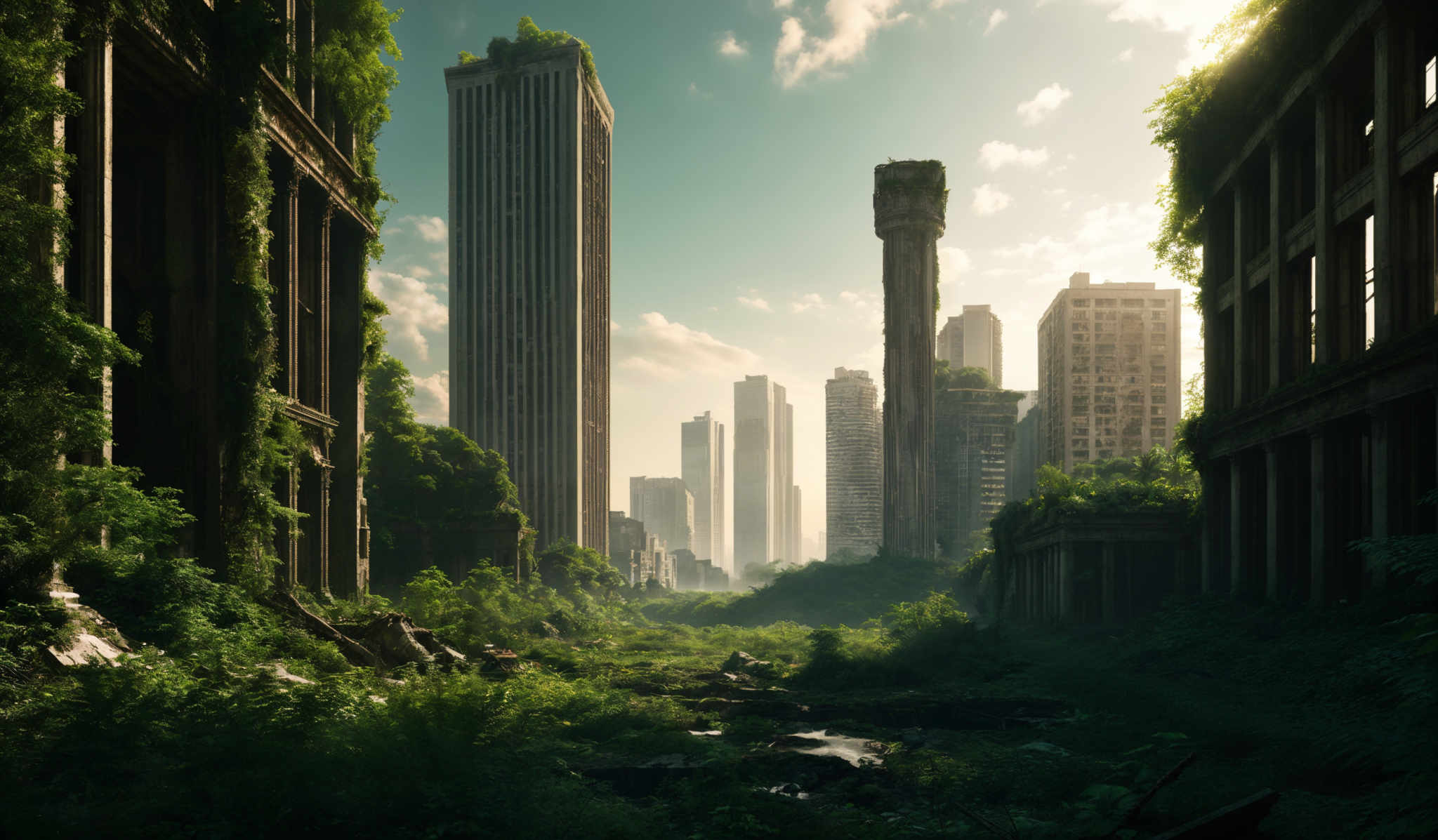 The image showcases a post-apocalyptic urban landscape. The dominant colors are various shades of green from the overgrown vegetation, contrasted with the grays and browns of the abandoned buildings. The buildings are tall and appear to be skyscrapers, some of which are partially destroyed or covered in moss and vines. The foreground features a dense overgrowth of plants and trees, with a small stream flowing through. The background reveals other tall buildings, some intact and others in various states of decay. The sky is clear with a few scattered clouds, suggesting a bright and sunny day.