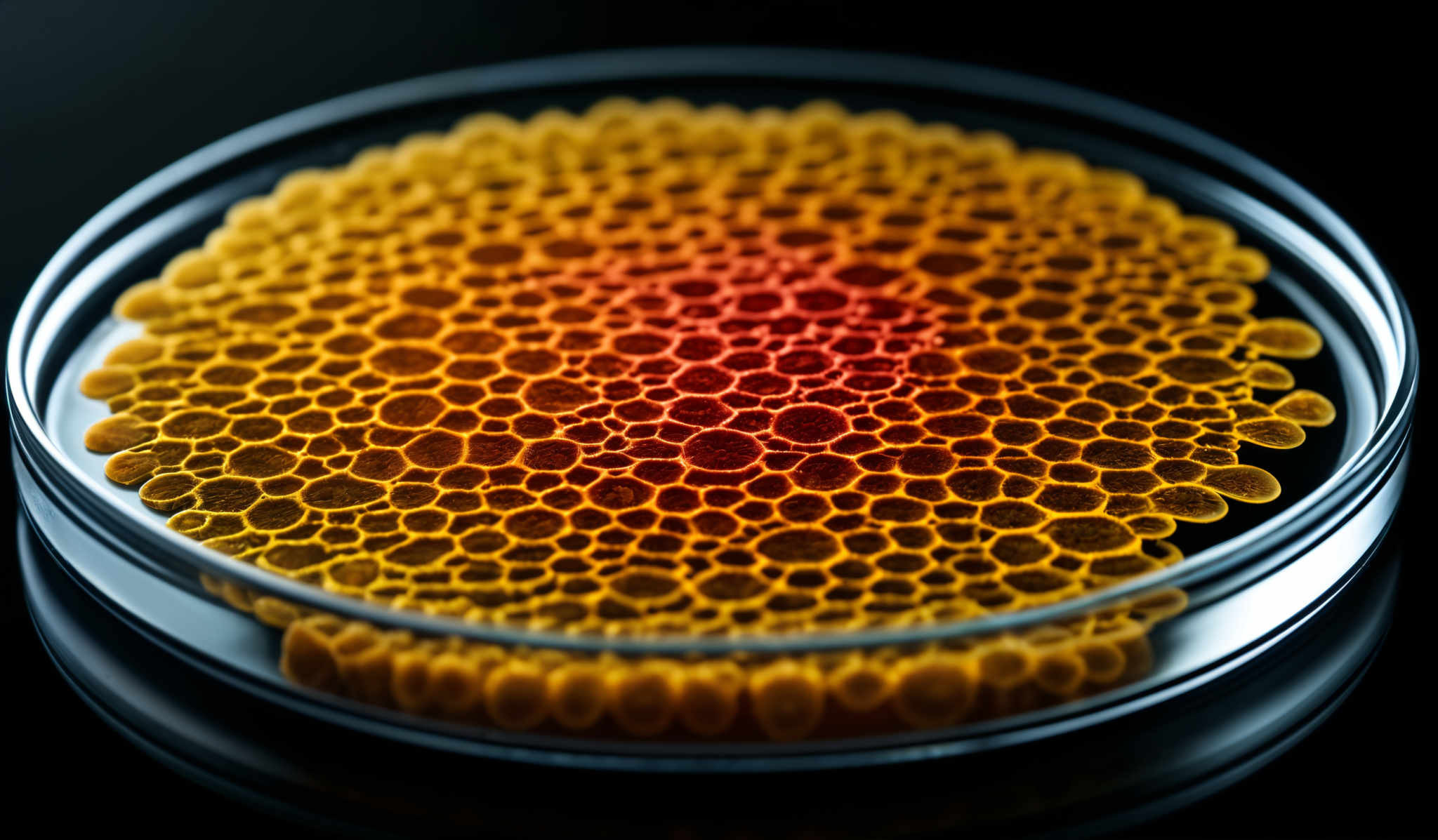 The image showcases a circular glass container with a textured surface. The texture appears to be made up of numerous hexagonal cells, each filled with a yellowish substance. The center of the texture has a gradient of colors, transitioning from a deep red at the bottom to a lighter orange at the top.