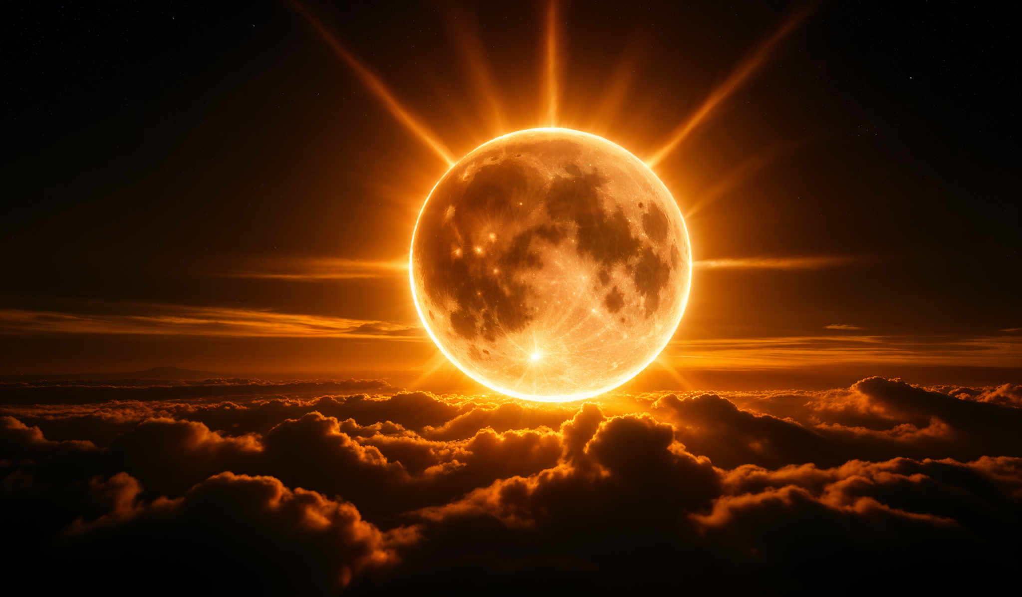 The image showcases a large, luminous moon that appears to be bathed in a golden hue. It is surrounded by radiant beams of light that emanate from behind it, creating a dramatic effect. The moon's surface displays craters and valleys, giving it a rugged appearance. Below the moon, a vast expanse of clouds stretches out, illuminated by the moon'slight. The clouds are dense and fluffy, with some parts appearing darker than others, possibly due to shadows. The sky above is dark, dotted with stars, adding to the celestial ambiance of the scene.