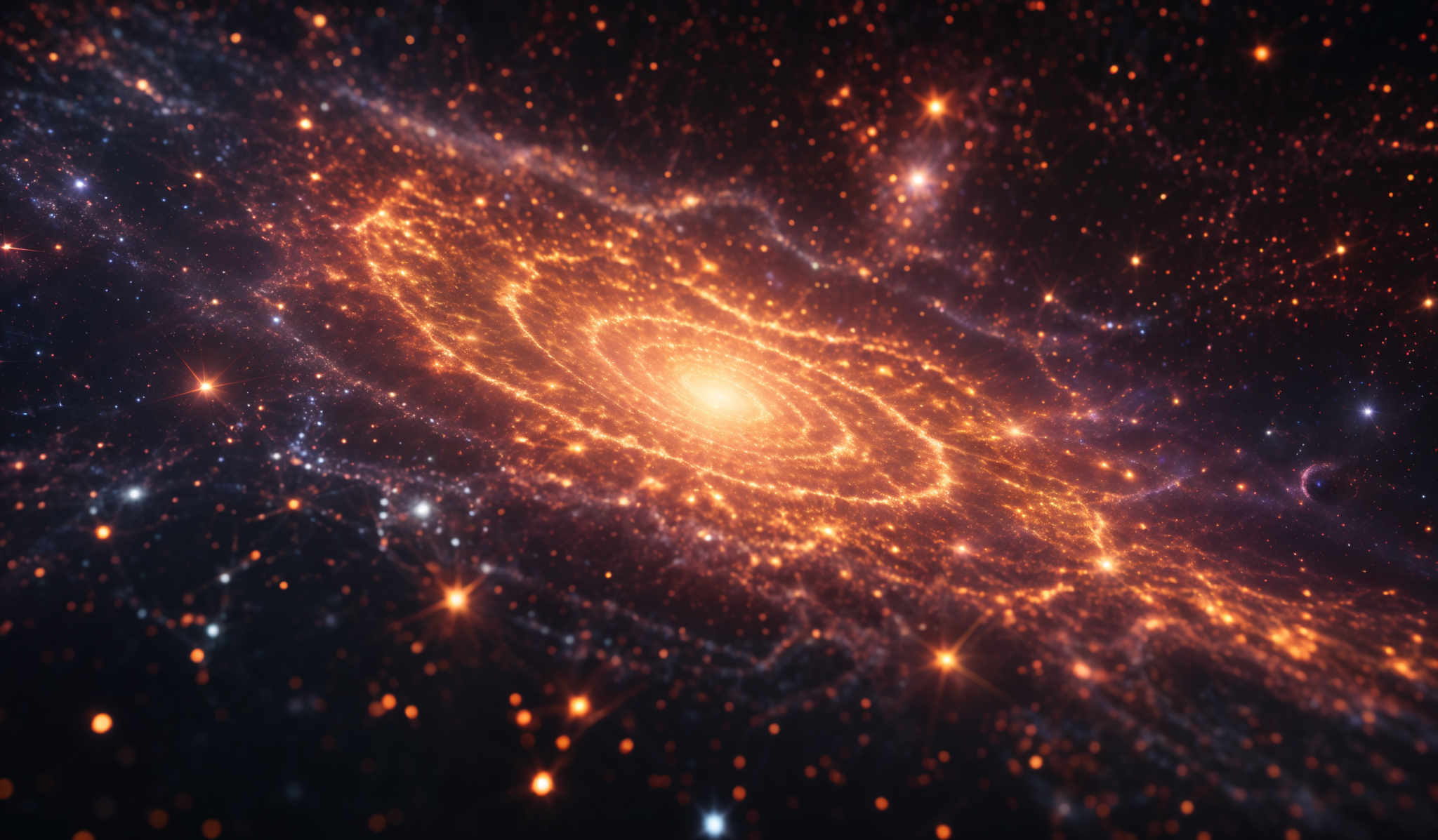 The image showcases a mesmerizing cosmic scene with a central spiral galaxy emitting a bright, glowing light. Surrounding the galaxy are numerous stars, some of which are brighter and more luminous than others. The colors in the image range from deep blues and purples to fiery oranges and reds, creating a stark contrast between the cooler outer regions and the hotter, more energetic center of the galaxyr. The spiral arms of the galactic core are intricately detailed, with swirling patterns of stars and interstellar matter.