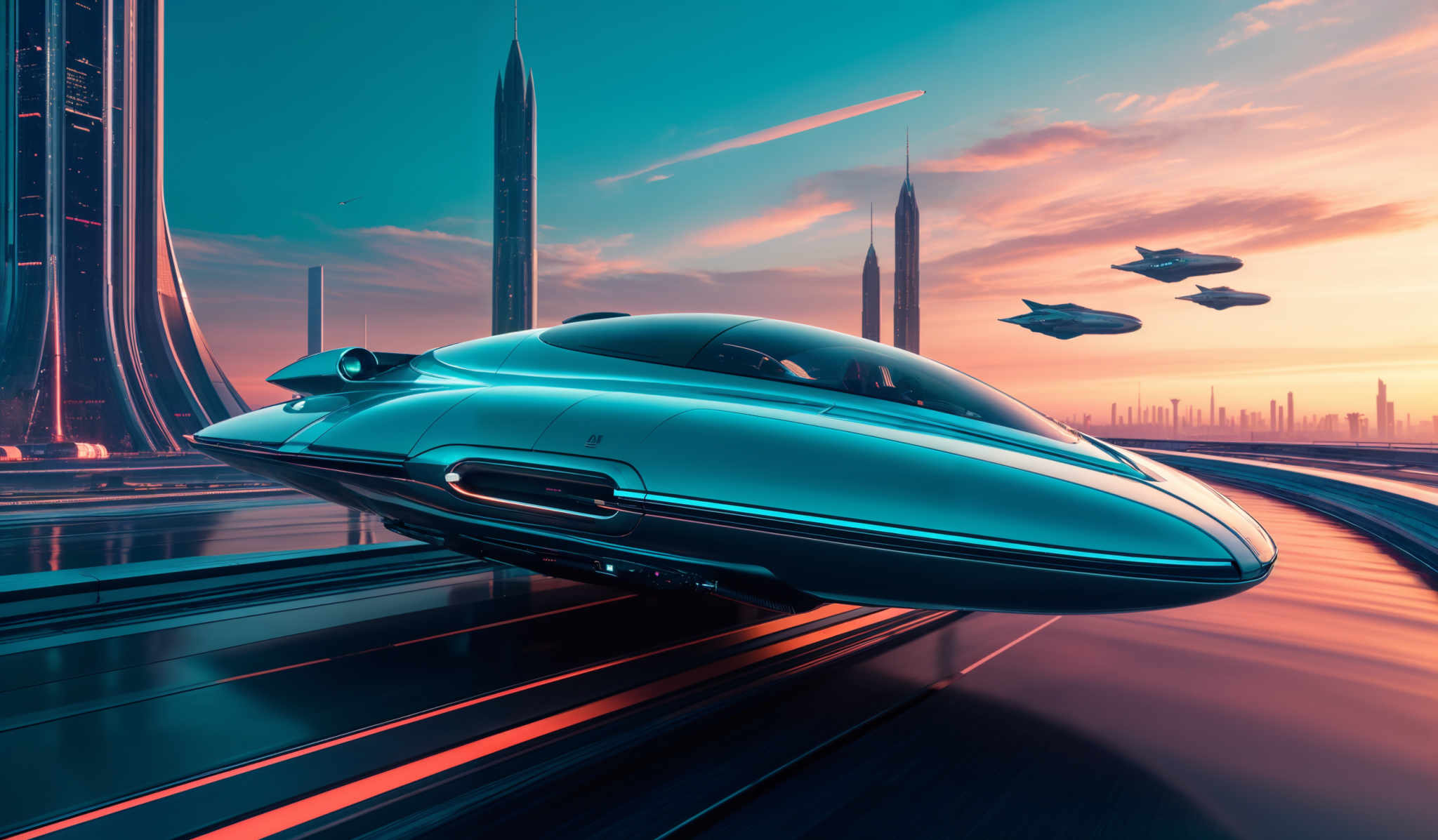 The image showcases a futuristic cityscape during sunset or sunrise. Dominating the scene are tall, sleek skyscrapers with unique and modern architectural designs. The sky is painted with hues of blue, orange, and pink, indicating the transition between day and night. In the foreground, there's a hovering vehicle, which appears to be a type of futurist car or spaceship, with a sleek and streamlined design. The vehicle is traveling on a fast-moving road that reflects the city's lights. In addition, there are smaller flying vehicles in the distance, suggesting an advanced mode of transportation. The overall ambiance of the image is one of advanced technology, urban development, and a serene skyline.