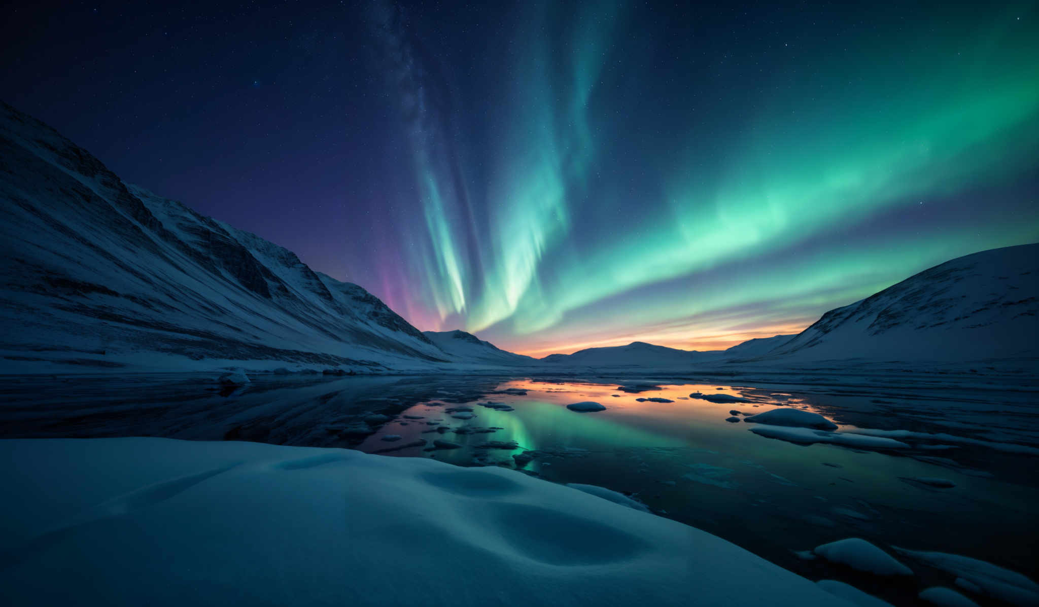 The image showcases a breathtaking view of the Northern Lights, also known as the Aurora Borealis. These lights display a vibrant array of colors, including shades of green, purple, and pink. They cascade down from the night sky, creating a mesmerizing pattern against the backdrop of a starry night. The landscape is dominated by snow-covered mountains, with their reflection visible in a calm body of water below. The horizon is illuminated with a warm orange glow, possibly from a setting or rising sun.