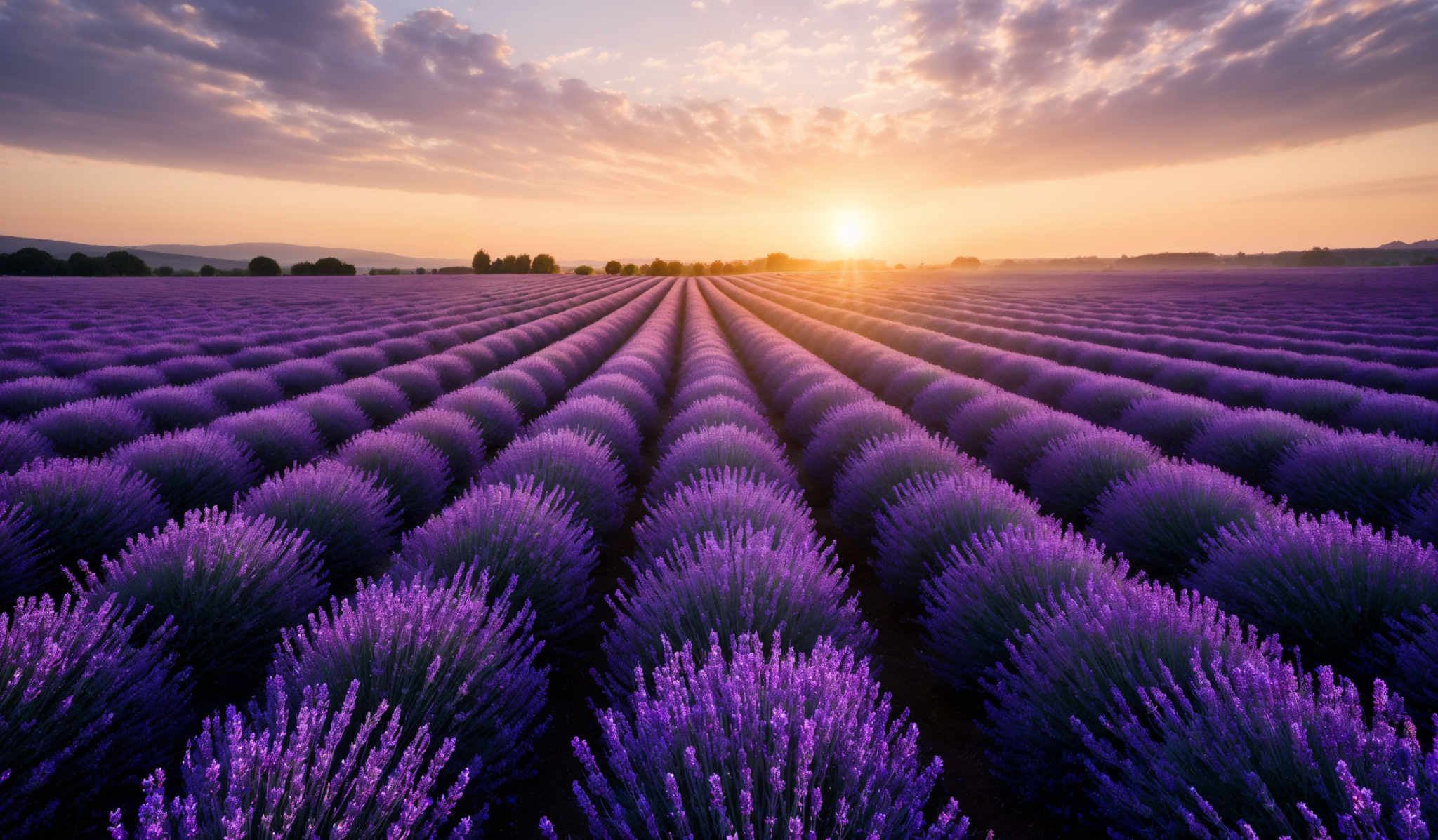 The image showcases a vast lavender field with rows of lavender bushes in full bloom. The lavender is a vibrant shade of purple, and the bushes are neatly aligned in parallel rows that converge towards the horizon. Above, the sky is painted with hues of orange, pink, and blue, indicating either sunrise or sunset. The clouds are scattered across the sky, adding depth and texture to the scene. In the distance, there are silhouettes of trees and possibly a hill or mountain range.