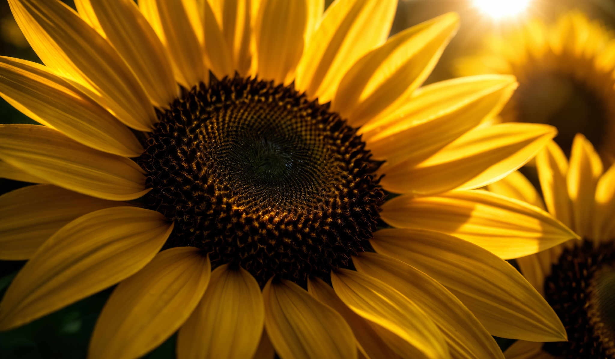 The image showcases a vibrant sunflower with bright yellow petals. The center of the sunflowers is dark, almost black, and is surrounded by tightly packed brown seeds. The sunflowering petals are large, broad, and have a slightly wavy texture. The background is slightly blurred, emphasizing the sun and the sunlit petals, which gives a warm and golden hue to the entire image.