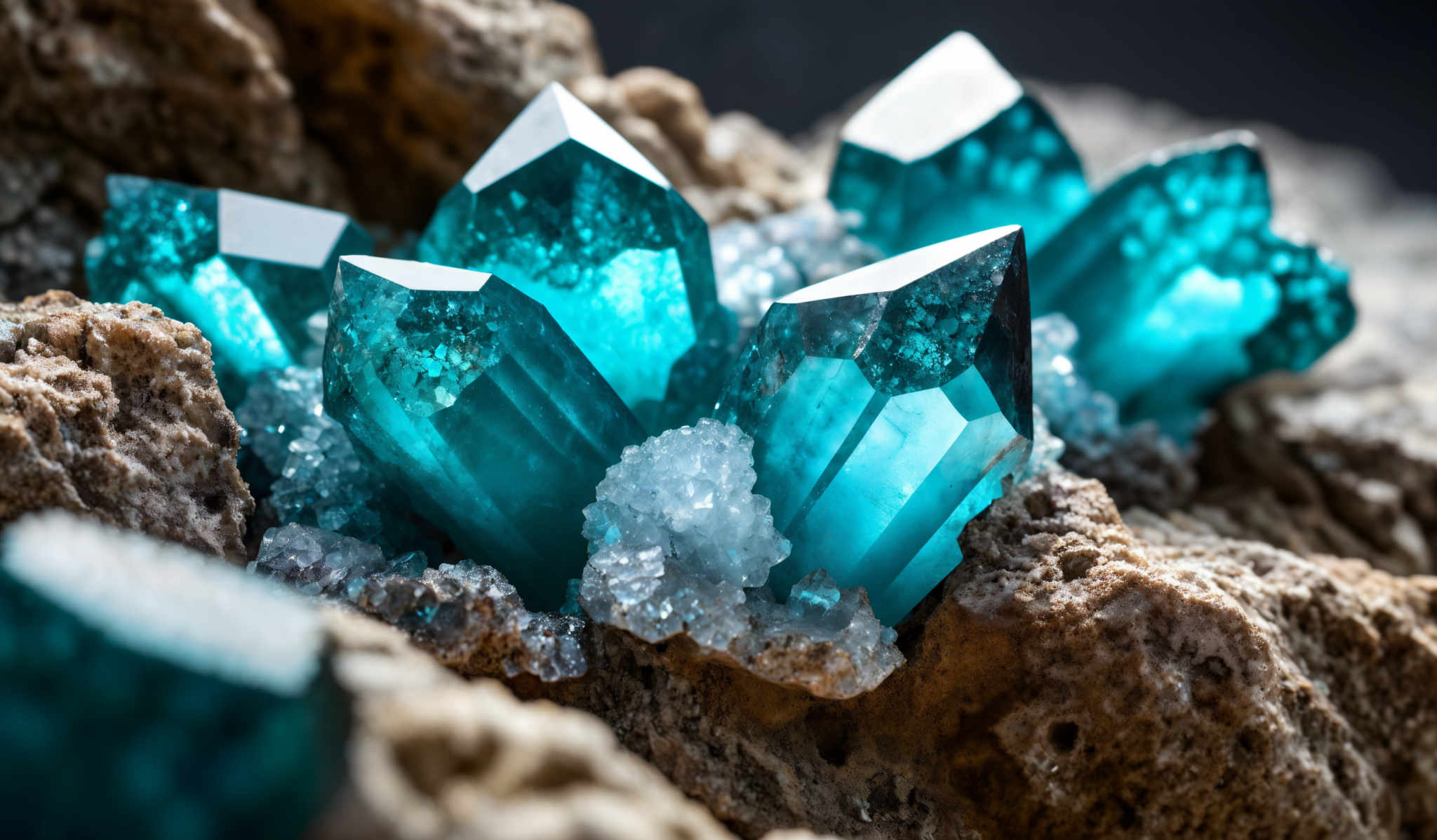 The image showcases vibrant turquoise crystals with sharp, geometric facets. These crystalline structures are embedded within a rocky matrix, which has a rough texture. The turquois crystalls have a translucent quality, allowing some light to pass through, and they are surrounded by smaller white crystal formations.