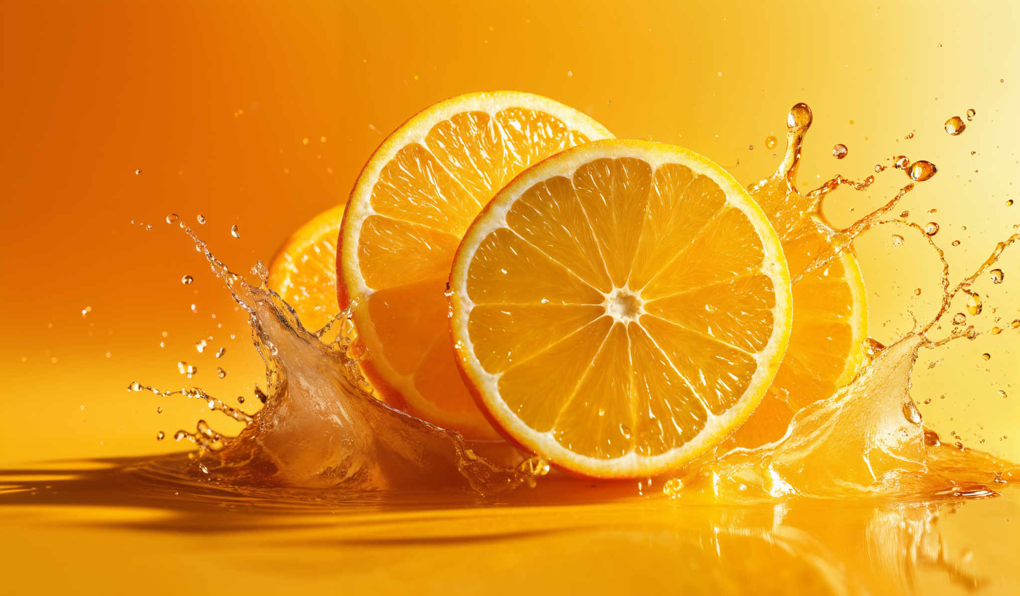 The image showcases vibrant shades of orange, representing the background and the water splash. The main focus is on slices of an orange fruit, which are juicy and translucent, revealing the internal segments. The water droplets are captured in motion, forming intricate patterns and splashes around the orange slices. The overall composition is dynamic and visually appealing, emphasizing the freshness and vitality of the orange.