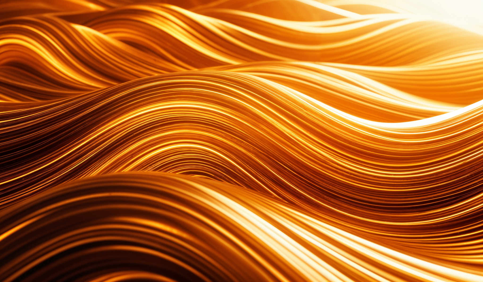 The image showcases a wavy, undulating pattern of golden-yellow and amber hues. The waves are intricately detailed, with each strand exhibiting a gradient of light to dark, creating a sense of depth and movement. The overall shape resembles flowing liquid or perhaps a topographical representation of a landscape.