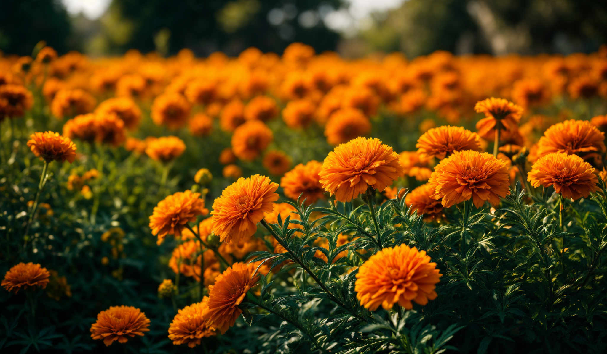 The image showcases a vast field of vibrant orange flowers. The flowers have a round, full shape with multiple layers of petals, giving them a dense and fluffy appearance. The green foliage surrounding the flowers provides a contrast, highlighting the brightness of the flowers.