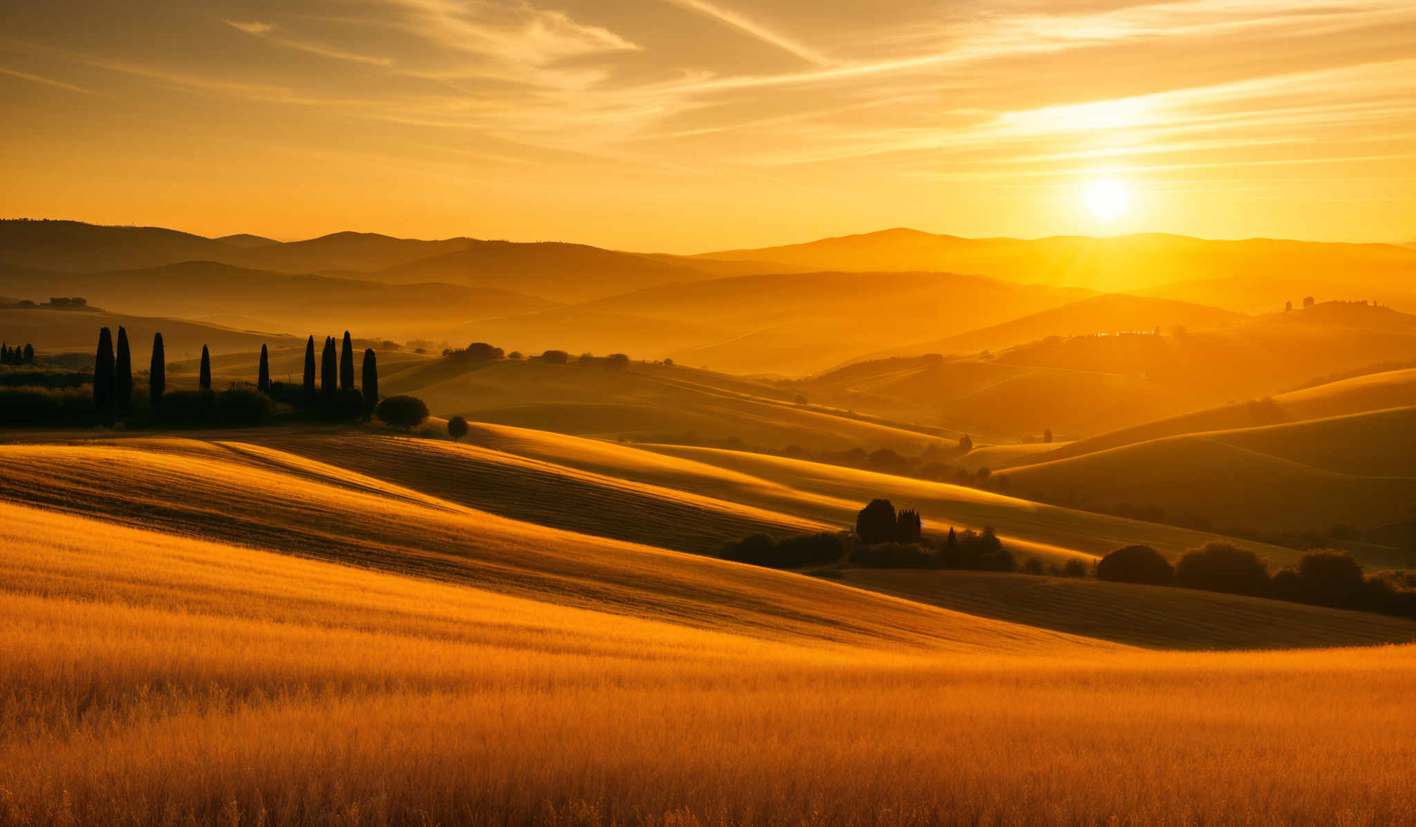 The image showcases a breathtaking landscape during sunset. The dominant colors are warm hues of orange, gold, and amber, reflecting the sun's glow. The rolling hills are depicted in shades of green and gold, with the sun casting long shadows across them. A cluster of tall cypress trees stands on the left, silhouetted against the setting sun. The sky is painted with soft, wispy clouds, and the distant mountains are bathed in a golden haze. The play of light and shadow creates a serene and tranquil atmosphere.