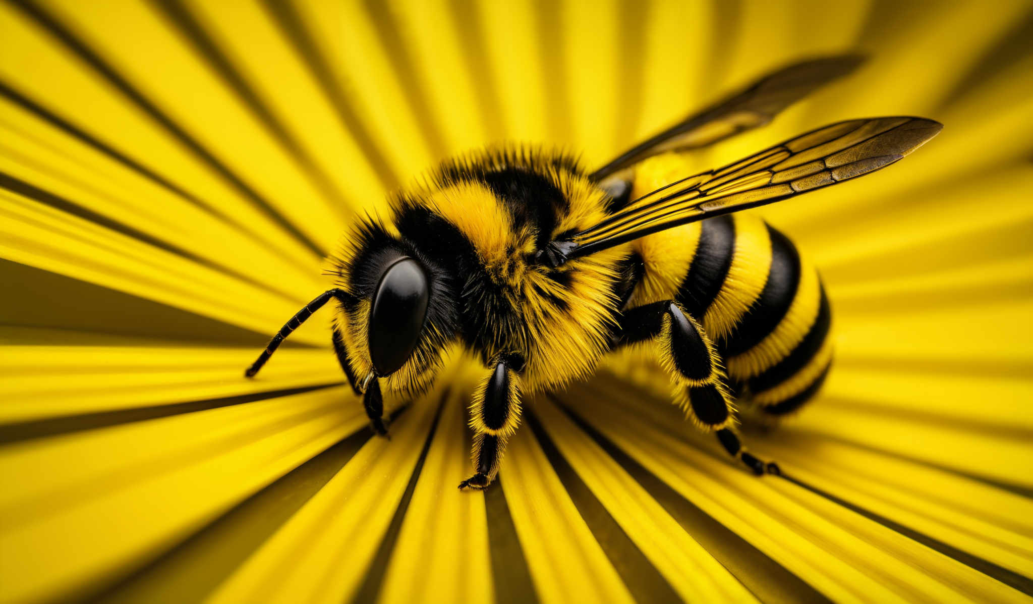 The image showcases a close-up of a bee on a vibrant yellow background. The bee is striped with black and yellow, with its fuzzy body prominently displayed. Its wings are translucent with a darker hue, and it appears to be in a resting or exploratory position. The background consists of radiating yellow lines, giving a sense of depth and emphasizing the bee's prominence in the image, as well as highlighting its natural coloration.